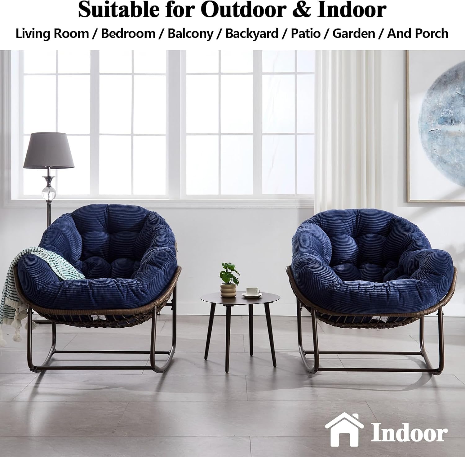 37' Papasan Rocking Chair with Cushion and Steel Frame, Oversized Outdoor Egg Rocking Chair, Rattan Circle Chairs for Grand Patio and Garden (Navy Blue+Curdoroy)
