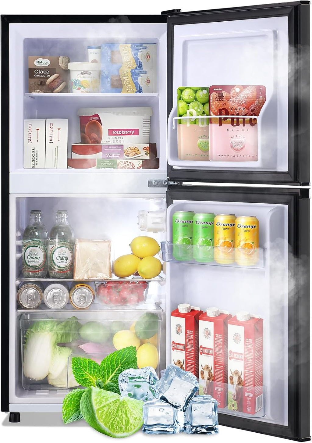 DEMULLER 3.88 CU.FT Capacity Refrigerator with Freezer Double Door Mini Fridge Small Refrigerator with 7 Adjustable Temp Control & 3 Glass Shelves for Kitchen Office Dorm Black