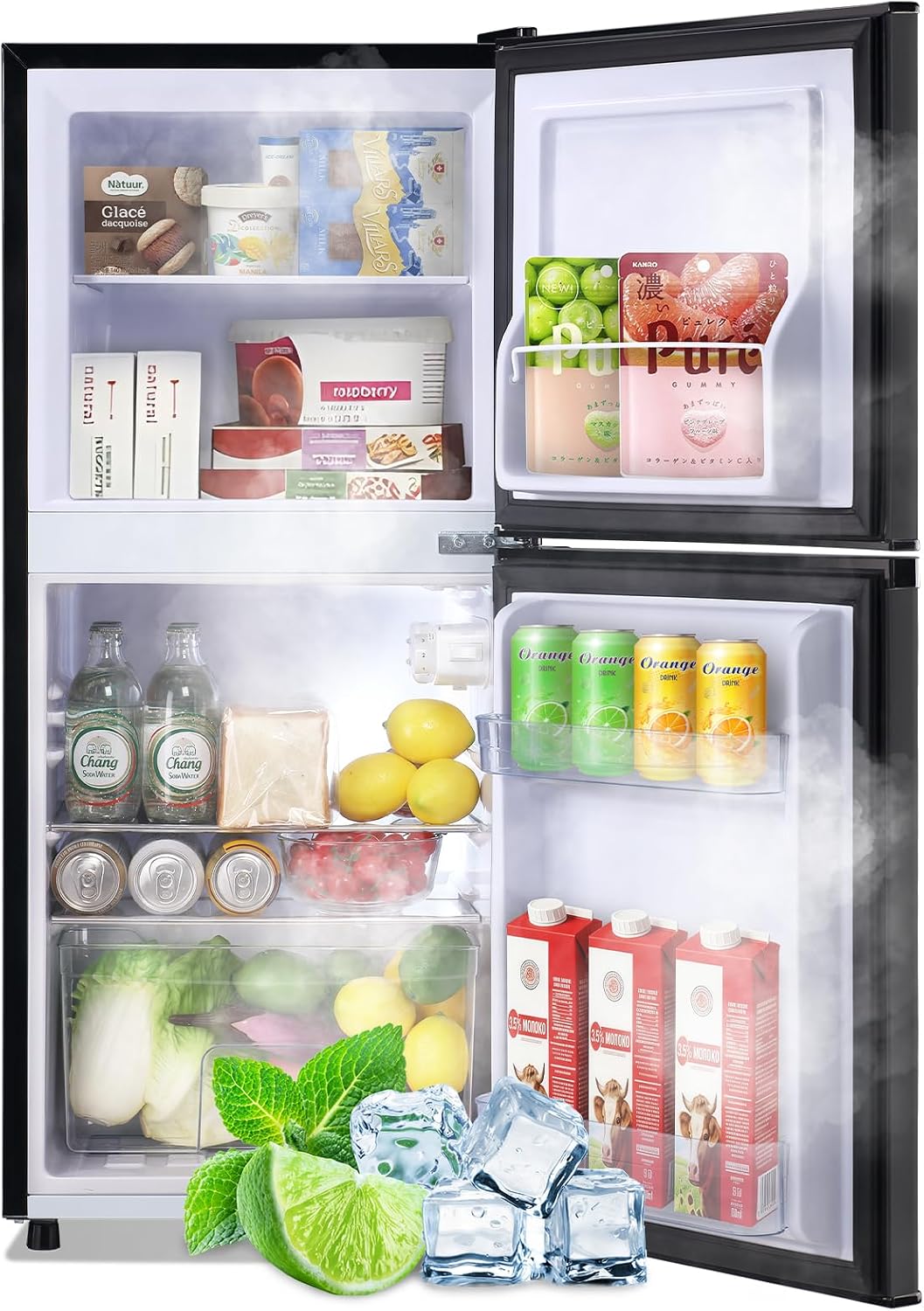 DEMULLER 3.88 CU.FT Capacity Refrigerator with Freezer Double Door Mini Fridge Small Refrigerator with 7 Adjustable Temp Control & 3 Glass Shelves for Kitchen Office Dorm Black