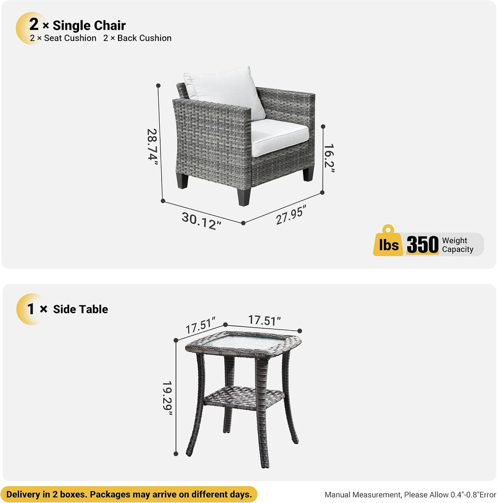 ovios 3 Pieces Patio Chair Set with Side Table, Outdoor Wicker Chairs of 2 with Comfy Cushions, High Back Rattan Armchairs Bistro Set for Porch Deck Garden, Grey