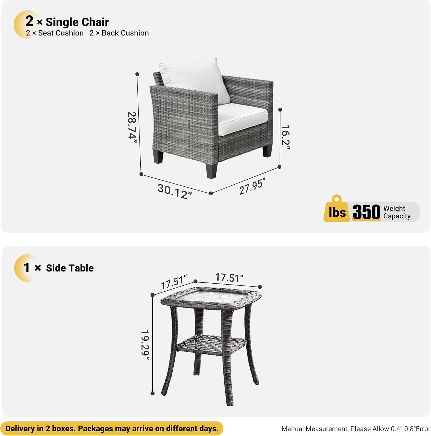ovios 3 Pieces Patio Chair Set with Side Table, Outdoor Wicker Chairs of 2 with Comfy Cushions, High Back Rattan Armchairs Bistro Set for Porch Deck Garden, Grey