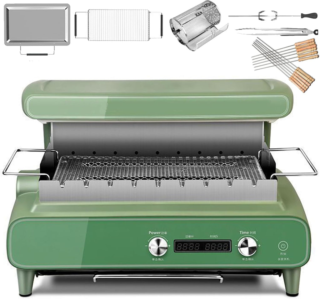 Electric Grill with Adjustable Temperature & Timer,Top Heating & 360° Rotation,Smoke-Free for Indoor BBQ Parties,Green