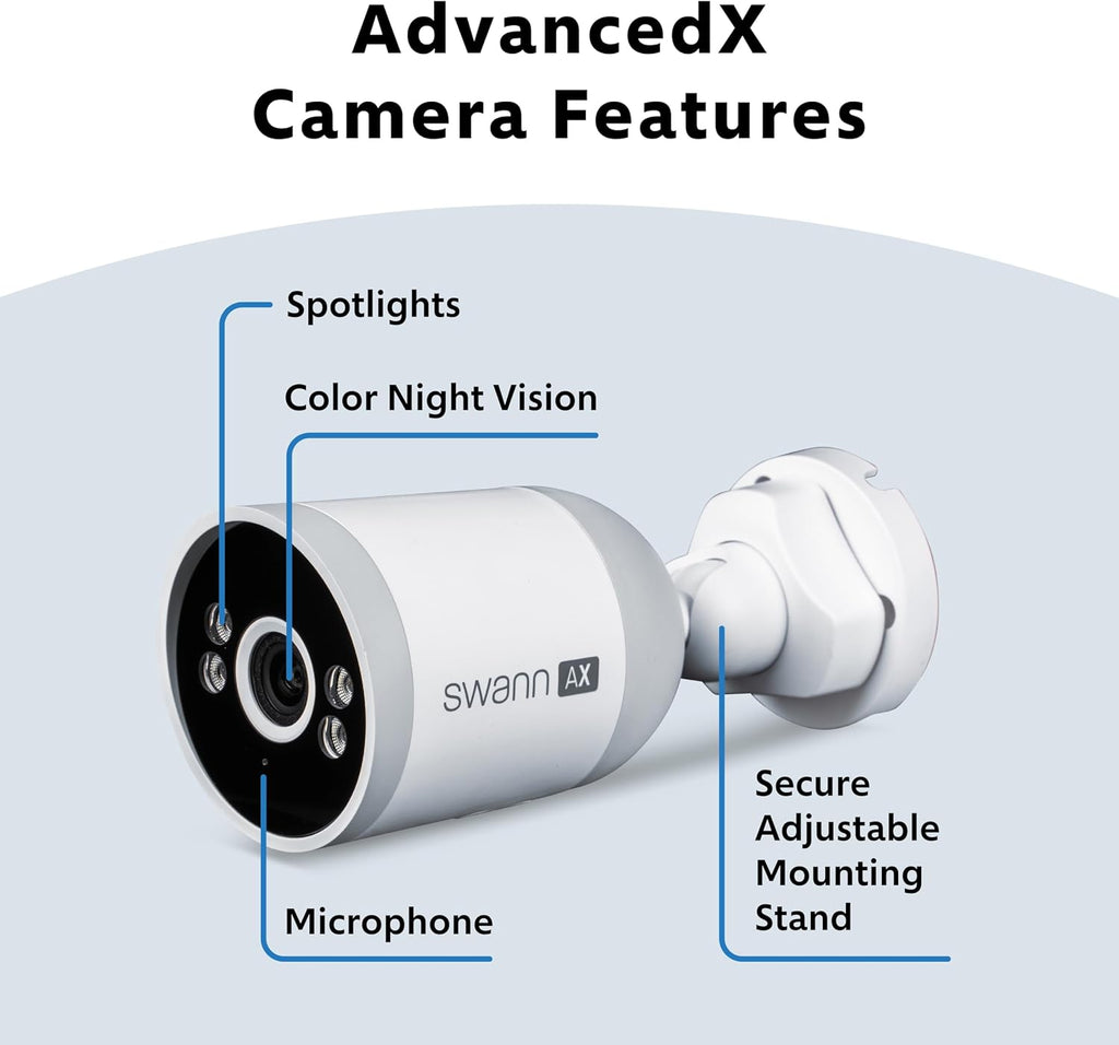Swann AdvancedX Wired NVR 4K Security Camera System, 8 Channels, 8 PoE Cameras Outdoor, 1TB HDD Storage, Color Night Vision, Smart AI Video Analytics/Alerts, Advanced Motion Detection, 24/7 Recording