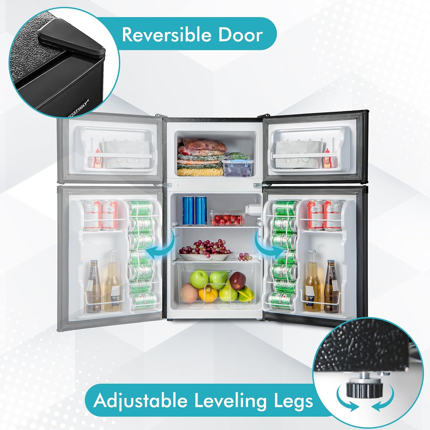 COSTWAY Compact Refrigerator, 3.2 Cu.Ft. Fridge Freezer Compartment with Reversible 2 Door, Adjustable Thermostat, Removable Glass Shelves, Mini Refrigerator for Bedroom Dorm Apartment, Black