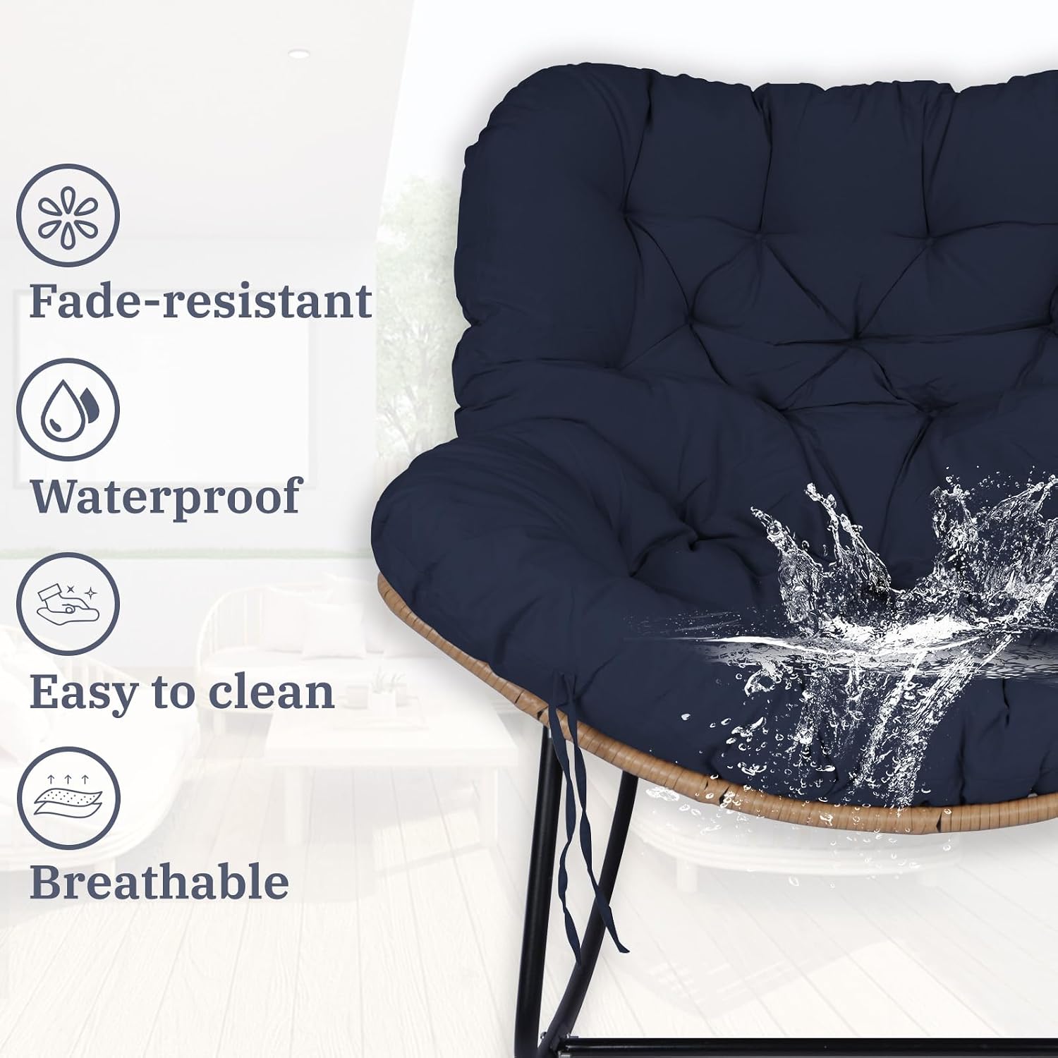 Outdoor Rocking Chair Cushions 6.3' Thick, Only Cushion, Waterproof, Fade-Resistant, Patio Egg Lounge Chair Cushion with 6 Straps, Indoor Papasan Chair Cushion (Navy Blue)