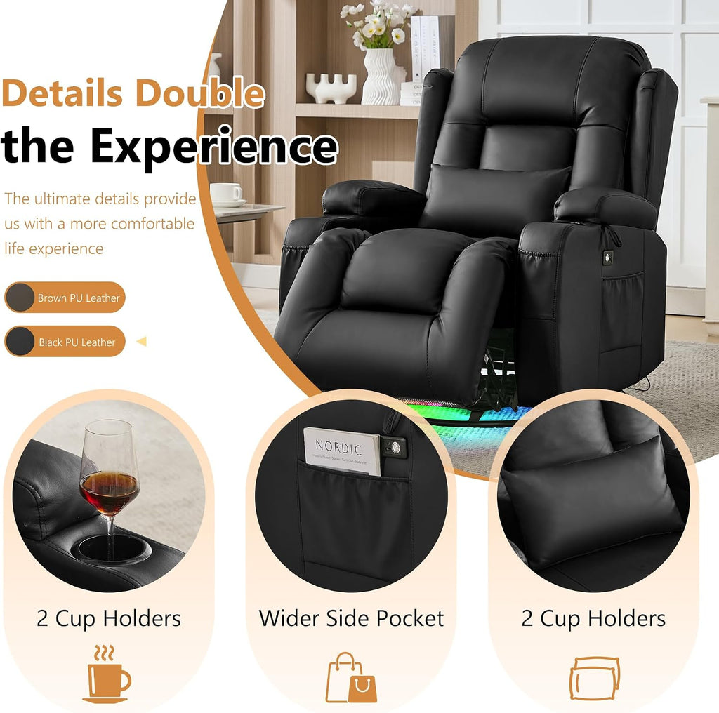 URRED Rocker Recliner Chair for Adults, 270° Swivel Glider Reclining Single Sofa with LED Ambient Light and Storage, Faux Leather Recliner for Living Room or Home Theater (Black, Set of 2)
