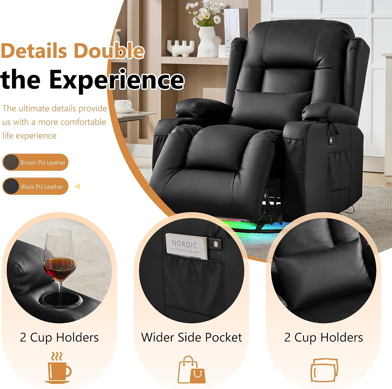 URRED Rocker Recliner Chair for Adults, 270° Swivel Glider Reclining Single Sofa with LED Ambient Light and Storage, Faux Leather Recliner for Living Room or Home Theater (Black, Set of 2)