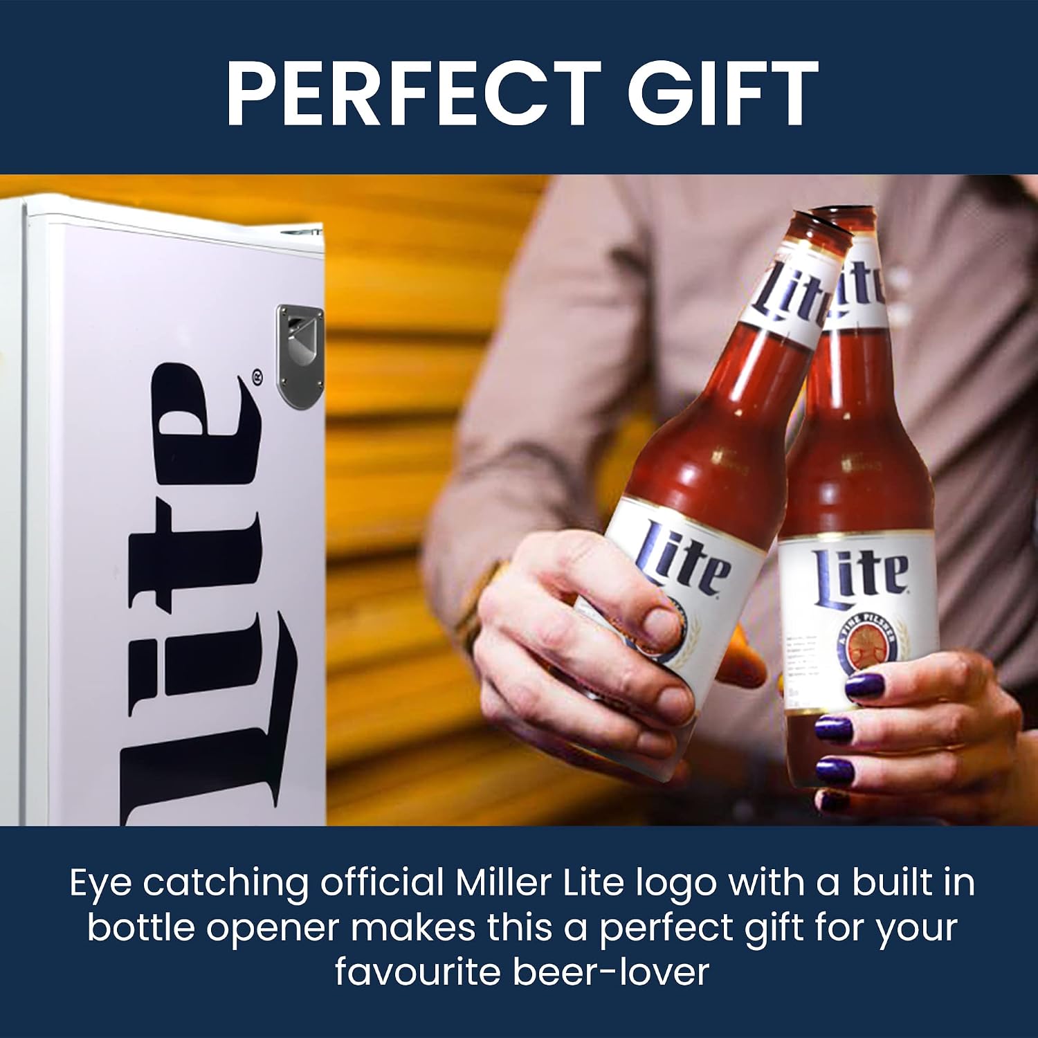 Miller Lite Koolatron Compact Fridge, Bottle Opener, 90 L/ 95 Quart 3.2 Cubic Foot for Snacks, Frozen Meals, Beverages, Juice, Beer, Den, Dorm, Office, Games Room, or RV