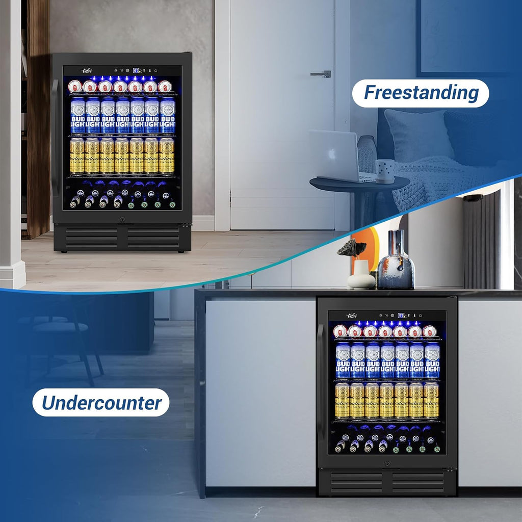 Velivi 24 Inch Beverage Refrigerator Under Counter, 24' Space Built-In Beer and Drink Fridge with Glass Door for Soda, Water, and Milk - For Kitchen, Bar or Office
