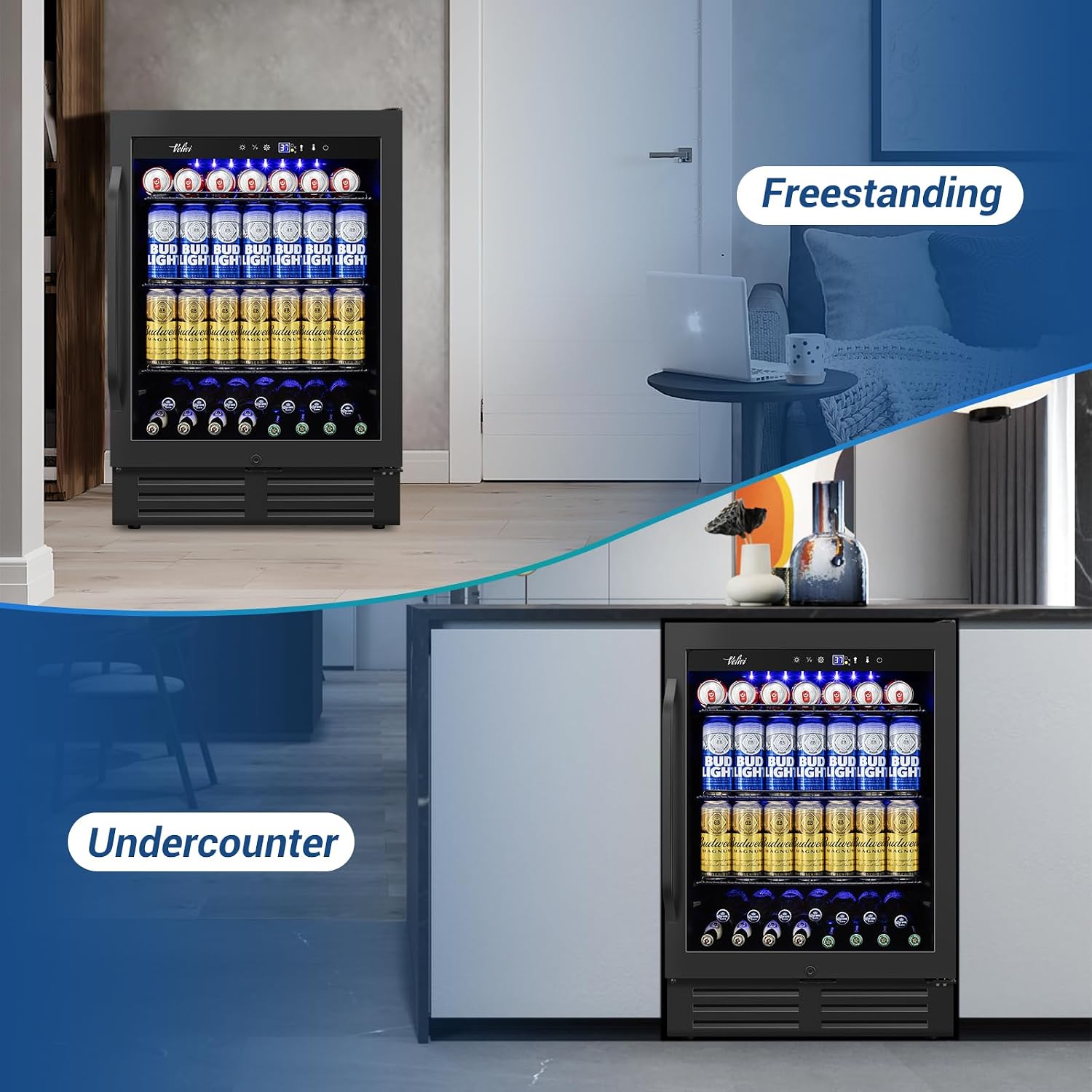 Velivi 24 Inch Beverage Refrigerator Under Counter, 24' Space Built-In Beer and Drink Fridge with Glass Door for Soda, Water, and Milk - For Kitchen, Bar or Office