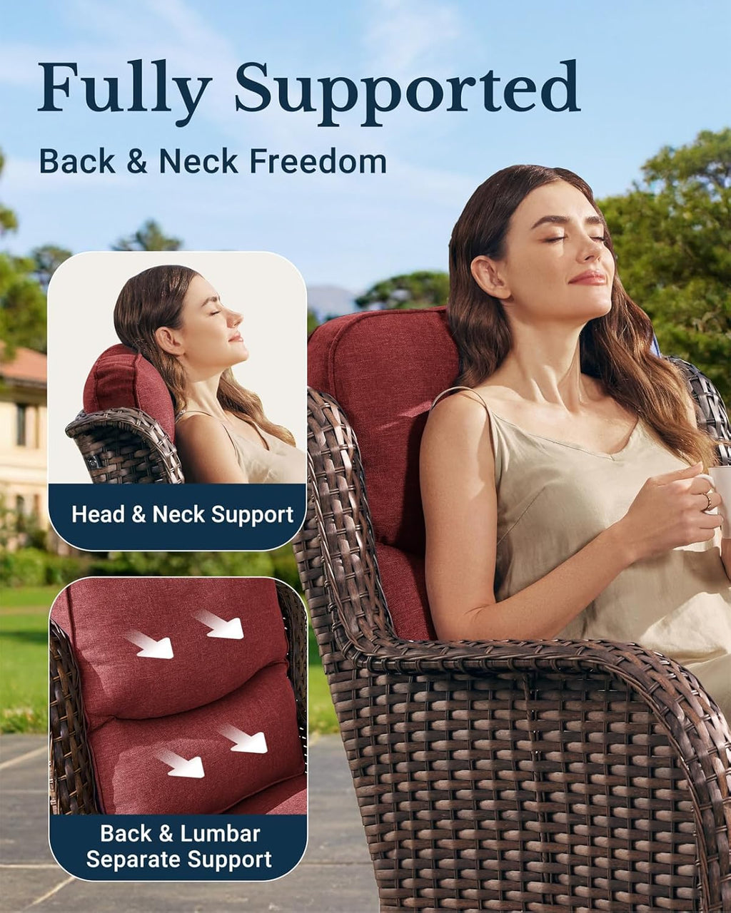 HILLGA Luxury Outdoor Swivel Rocker Patio Chairs of 2 with 6 Inch Thick Cushions and Side Table, Swivel Outdoor Chairs 5PCS High Back Wicker Patio Furniture Set for Porch, Balcony, Deck in Burgundy