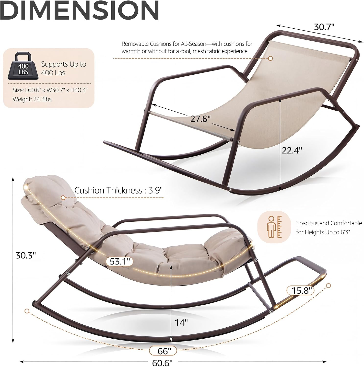 NICESOUL Papasan Rocking Chair with Footrest, Outdoor Rocking Chair with Cushion, Oversized Patio Rocker, Recliner-Style Comfort, Heavy Duty Steel Frame, Indoor Balcony Backyard, Beige