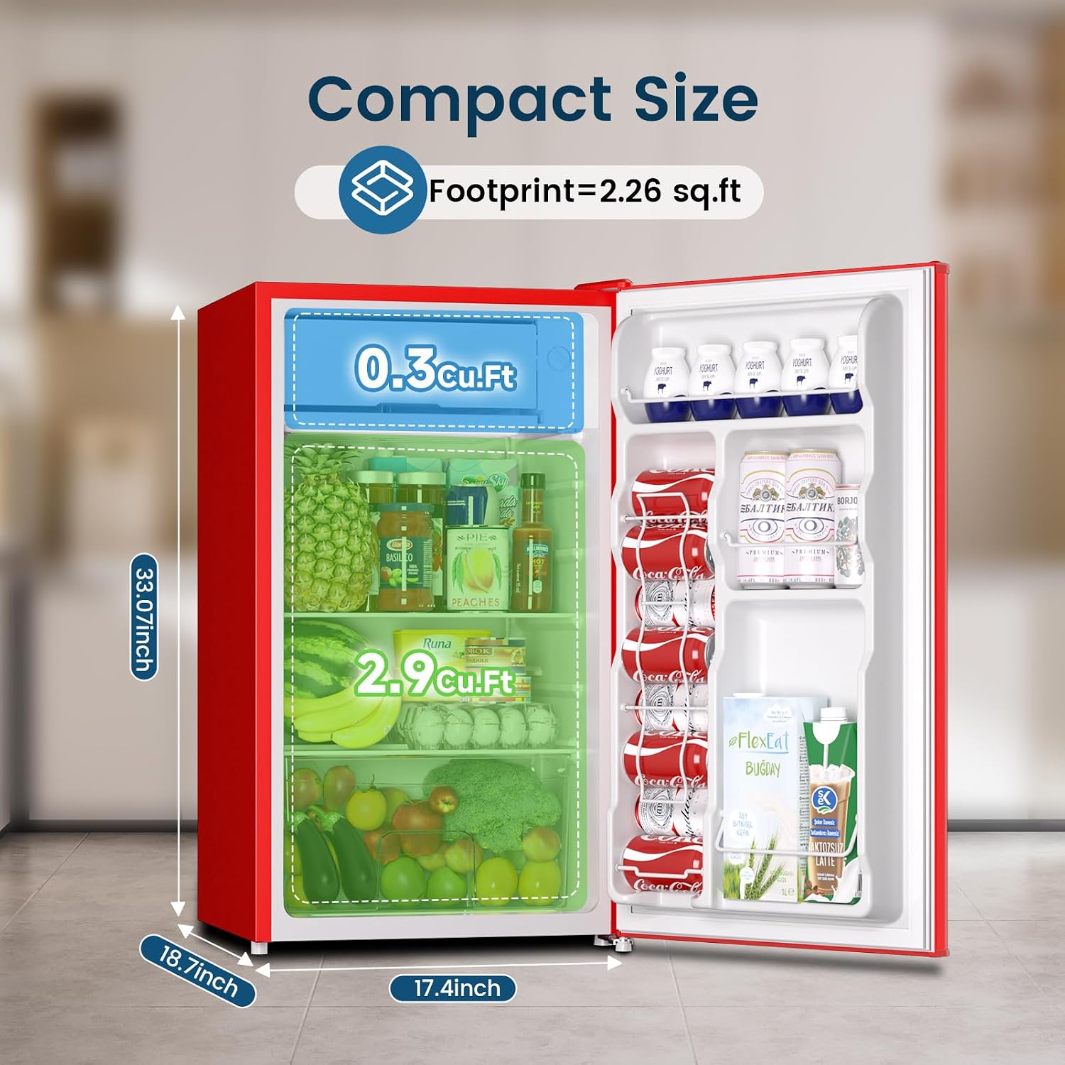 BANGSON Mini Fridge with Freezer, 3.2Cu.Ft, Single Door Small Refrigerator, Energy-efficient, Low Noise, Mini fridge for Bedroom Dorm and Office, Red