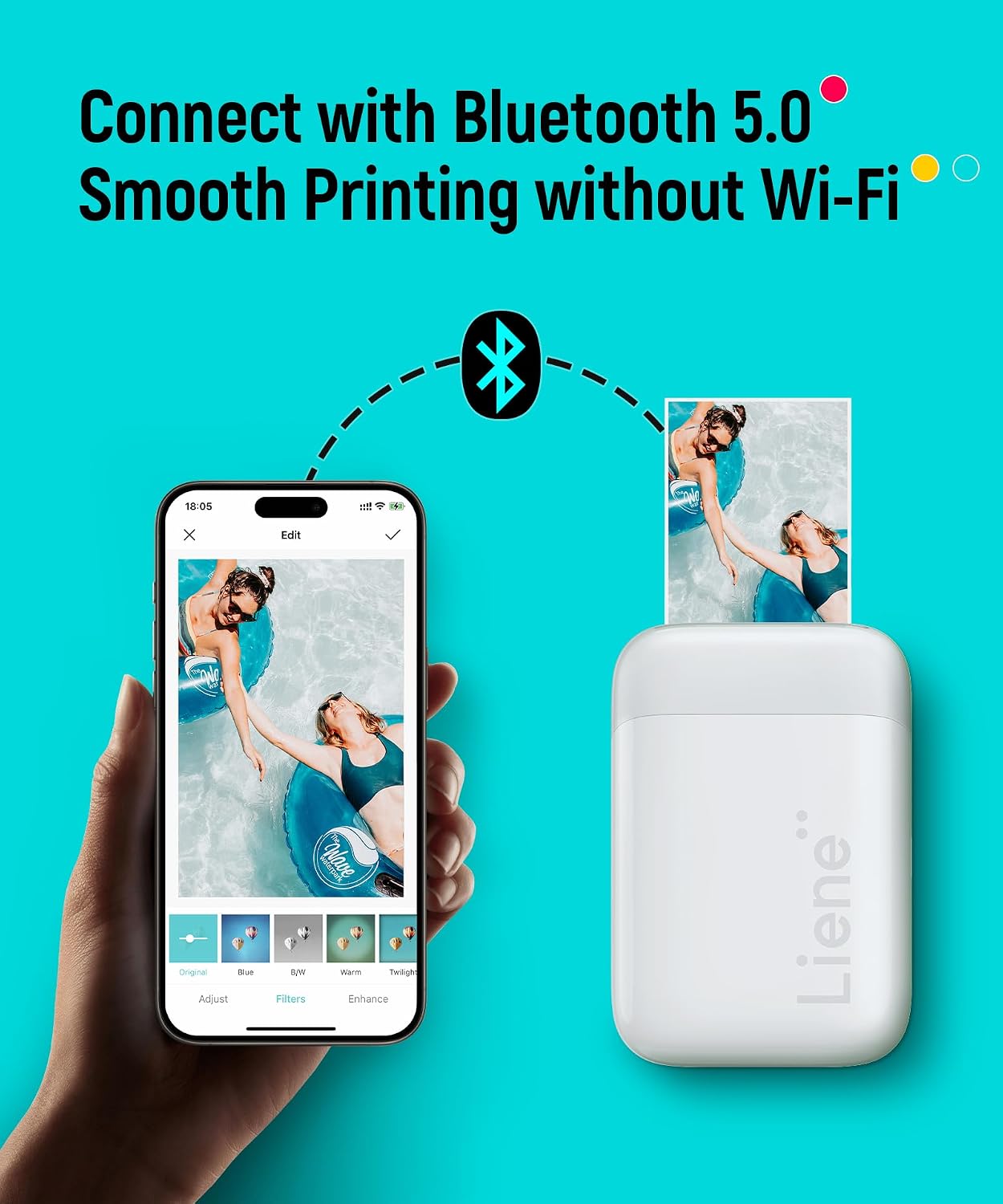 Liene Pearl K100 2x3' Photo Printer, Mini Instant Portable Color Picture Printer Bundle 50 Zink Adhesive Paper, Bluetooth 5.2 Compatible w/iOS & Android Small Phone Sticker for iPhone Smartphone White