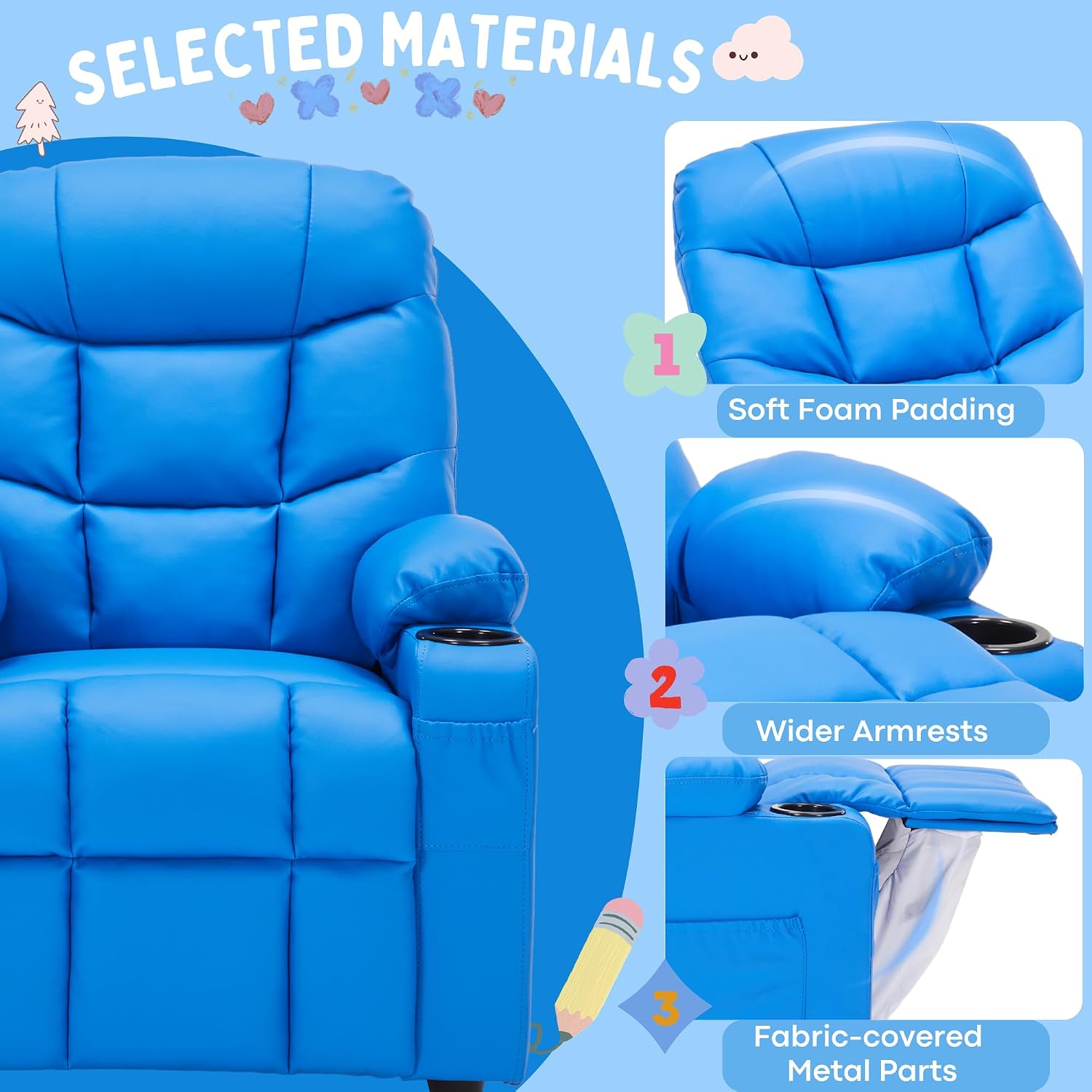Donut Larger Kids Reclining Chair PU Leather Recliner Sofa Push Back Lounge Children Toddler Boys Girls Ages 3-12 with Dual Cup Holders and 4 Pockets