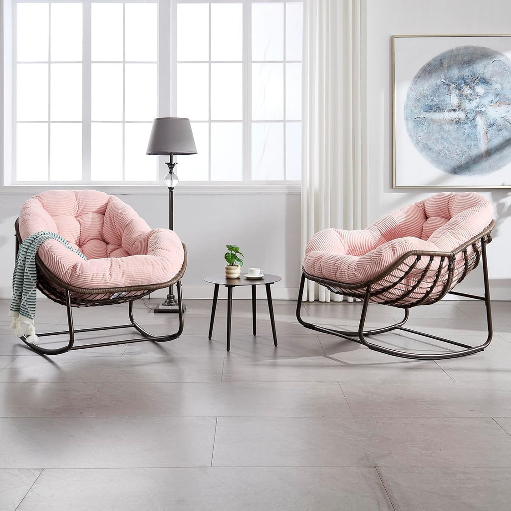 Rattan Rocking Chair for Indoor Outdoor Patio Oversized Wicker Egg Chair with Steel Frame Corduroy Padded Cushion Rocker Recliner Chair Comfy Lounger Papasan Chair for Living Room Porch Garden, Pink