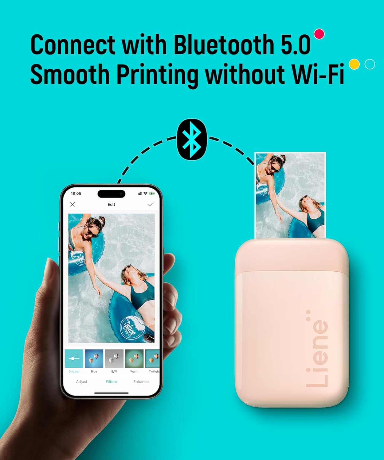 Liene Pearl K100 Photo Printer, 2x3 Mini Instant Portable Color Mono Picture Printer 50 Zink Adhesive Paper, Bluetooth 5.2, Compatible w/iOS & Android, Small Photo Maker for iPhone, Smartphones, Pink