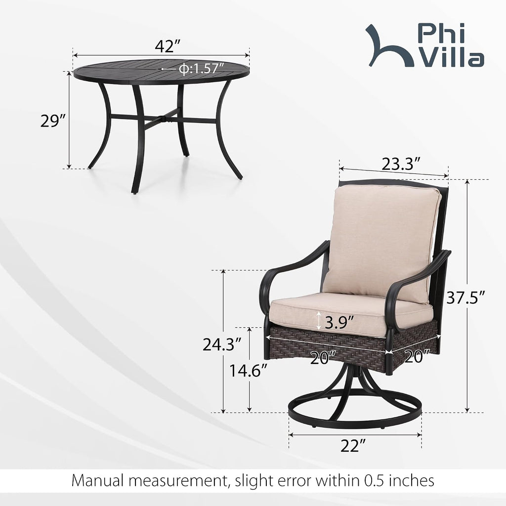 PHI VILLA 5-Piece Outdoor Dining Sets, All-Weather Patio Table and Chairs Set for 4, Heavy Duty Patio Table Set Round for Deck, 4 Extra Large Outdoor Metal Wicker Dining Chairs with Thick Cushions