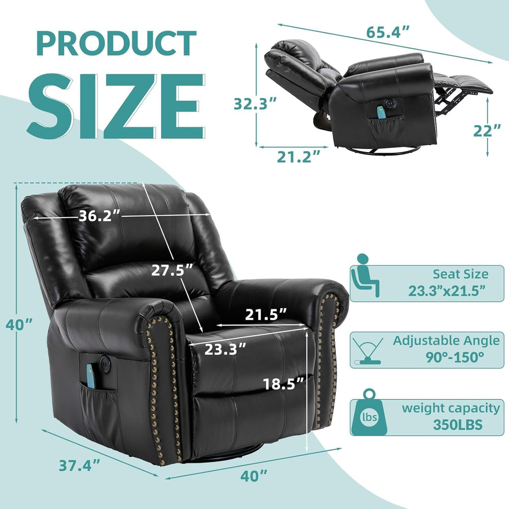MEETWARM Oversized Swivel Rocker Recliner Chair with Heat and Massage, Manual Glider Rocking Recliner Chair, 360°Swivel Nursery Reclining Sofa with Remote Control/USB Ports for Living Room(Black)