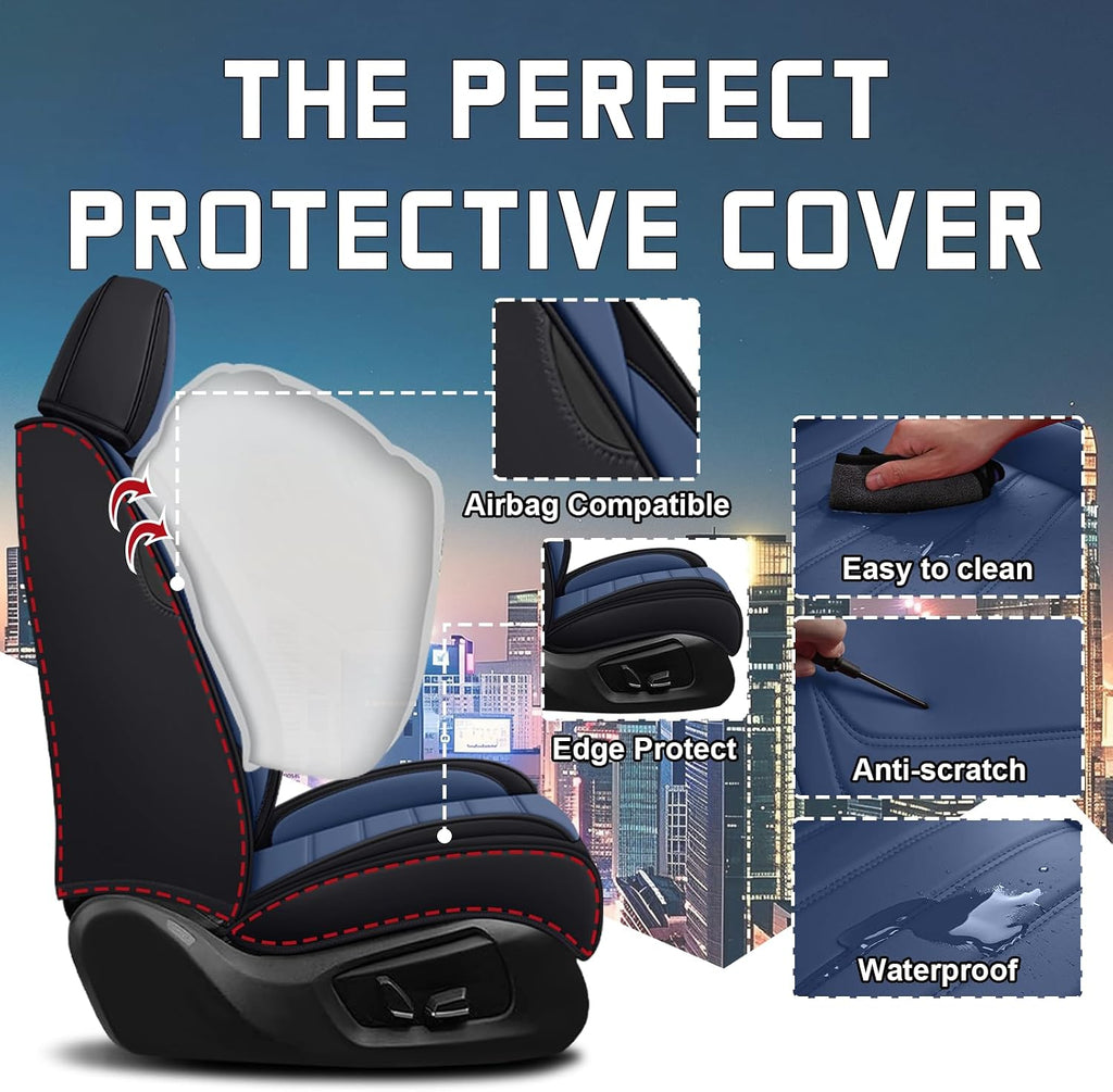 Car Seat Cover Full Set for Kia Sorento Seat Covers 2003-2025, Nappa Leather Waterproof Seat Covers For Cars, Airbag Compatible, Universal Automotive Seat Covers(Standard Front Row/Black Blue)
