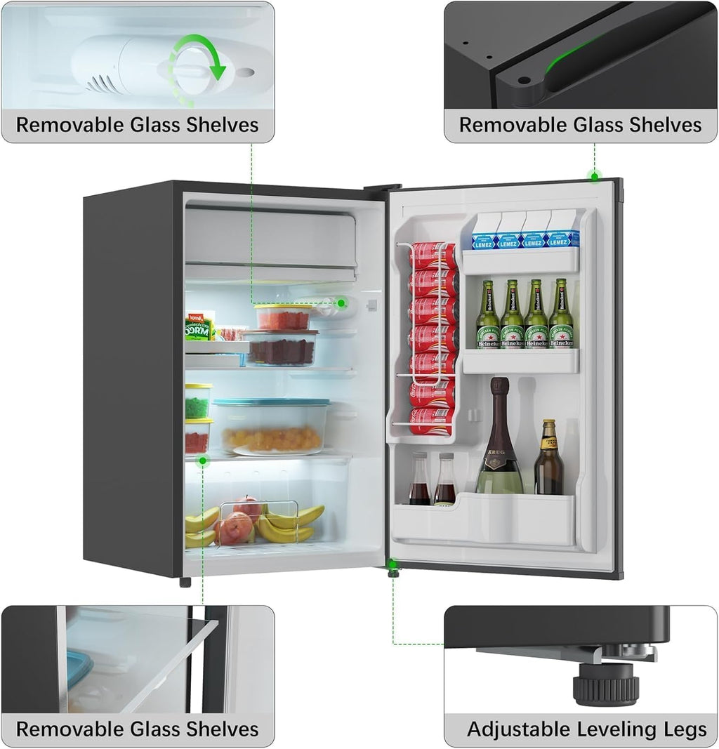 4.3 Cu.Ft Mini Fridge with Freezer – Compact Single Door Refrigerator w/Adjustable Thermostat | Energy-Efficient & Low Noise, Ideal for Bedroom, Office & Dorm
