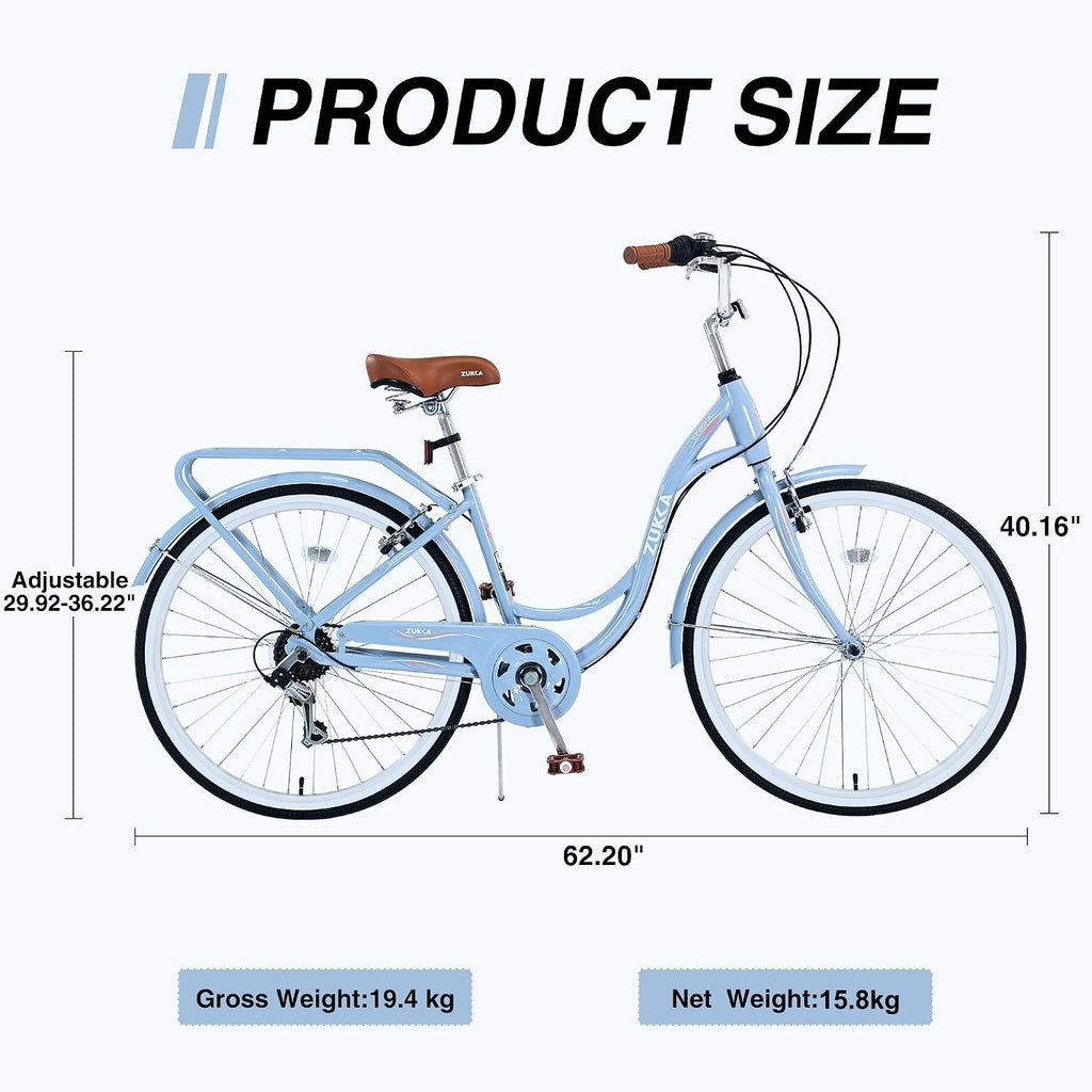MEGHNA Beach Cruiser Bike Low Step - Through 24 inch/26 inch Bike Elegant Lady Bike V - Brake 7 Speed Cruiser Bike with Rear Rack Bell for Girls Women Senior, Multi-Colors