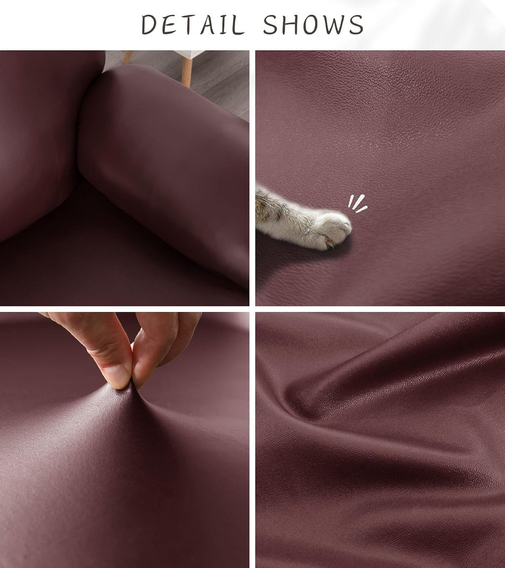 100% Waterproof PU Leather Sofa Slipcovers 8-Pieces Stretch Reclining Couch Covers for 2 Seat Anti-Slip Elastic Strap Furniture Protector for Kids, Pets (Wine Red, 3 Seater)
