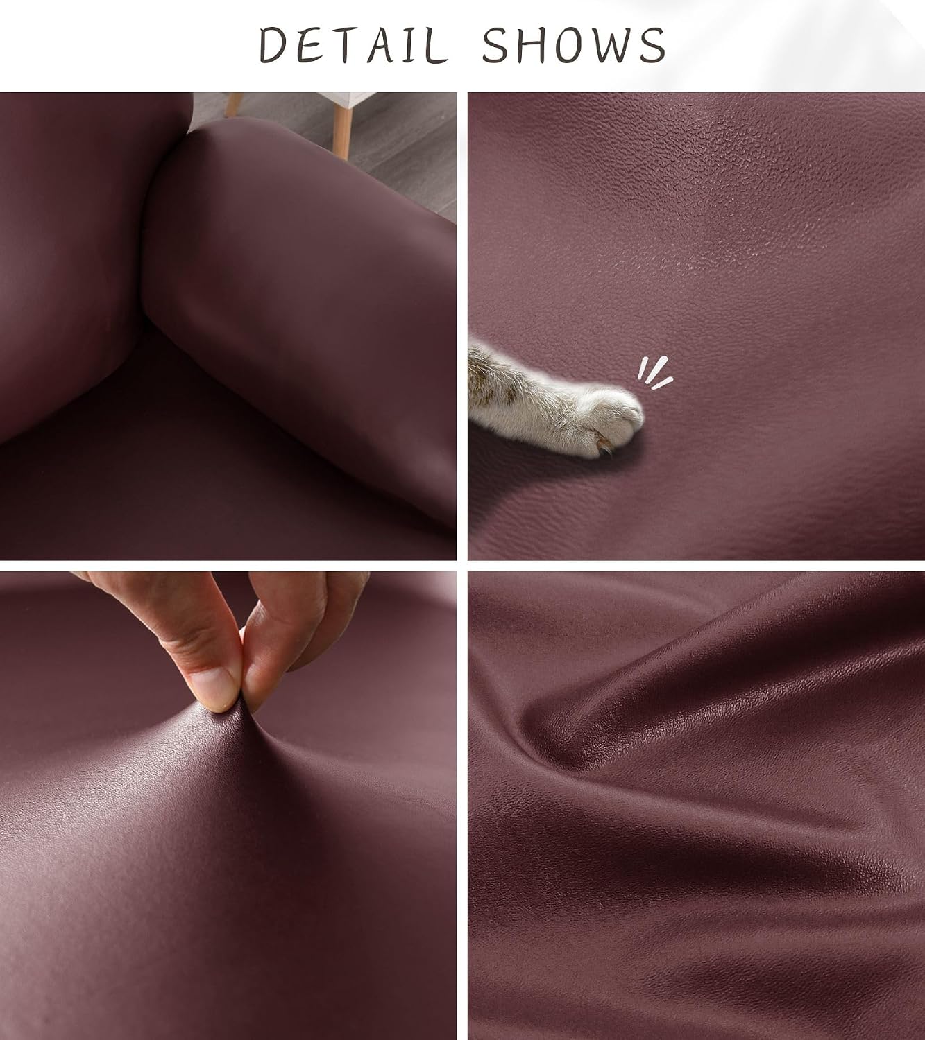 100% Waterproof PU Leather Sofa Slipcovers 10-Pieces Stretch Reclining Couch Covers for 4 Seat Anti-Slip Elastic Strap Furniture Protector for Kids, Pets (Wine Red, 4 Seater)