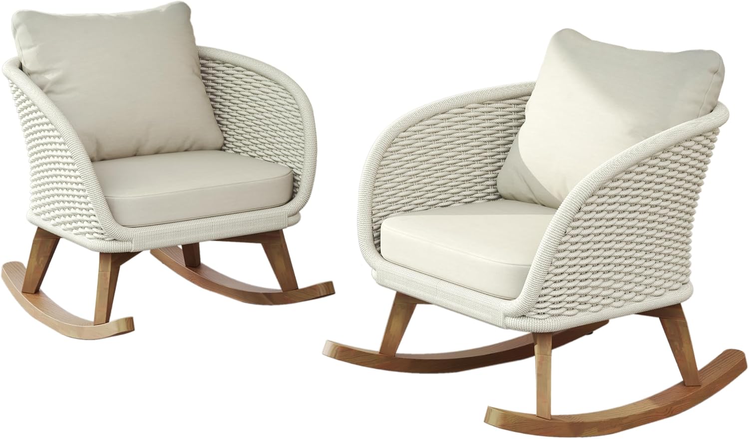 Merax Set of 2 Outdoor Rocking Chairs, Durable Solid Wood Frame + Wicker Backrests + Soft Polyester Cushions, Contemporary Minimalist Chair for Patio Balcony or Living Room, Beige