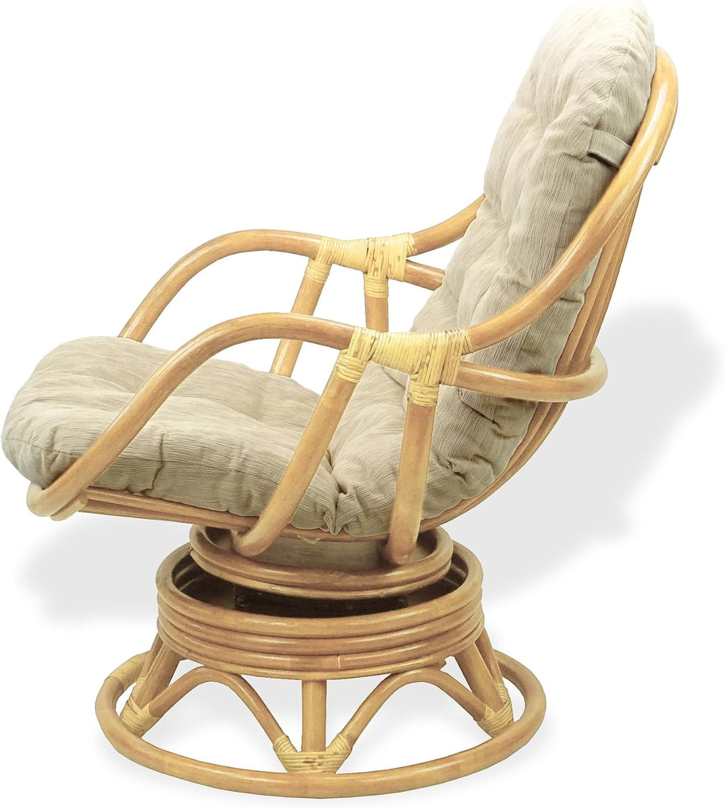 Bali Lounge Swivel Rocking Chair with Cream Cushion Natural Rattan Wicker Handmade, Natural Color