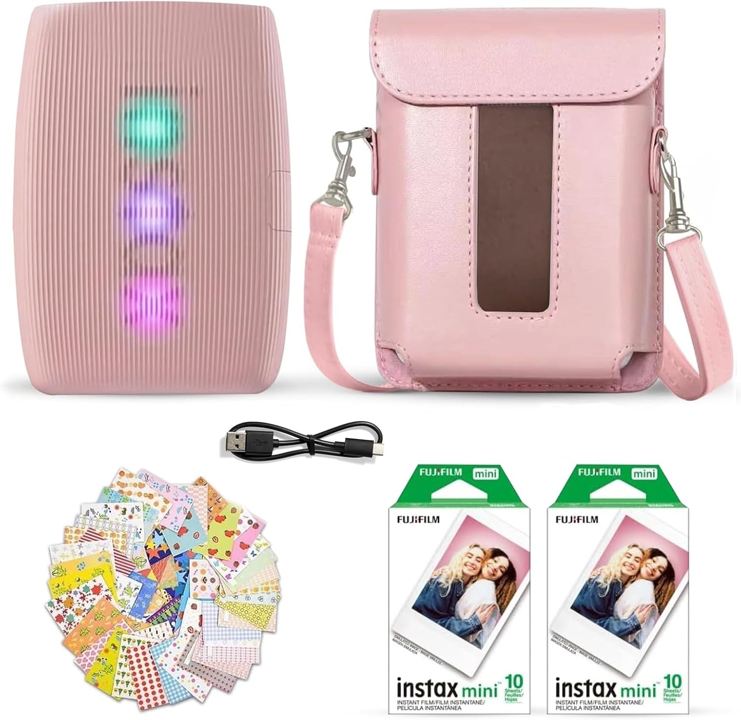 Fujifilm Instax Mini Link 3 Smartphone Printer Rose Pink + Fuji Film Value Pack (20 Sheets)+ Shutter Accessories Bundle, Incl. Protective Case, 20 Sticker Frames, USB Type C Cable