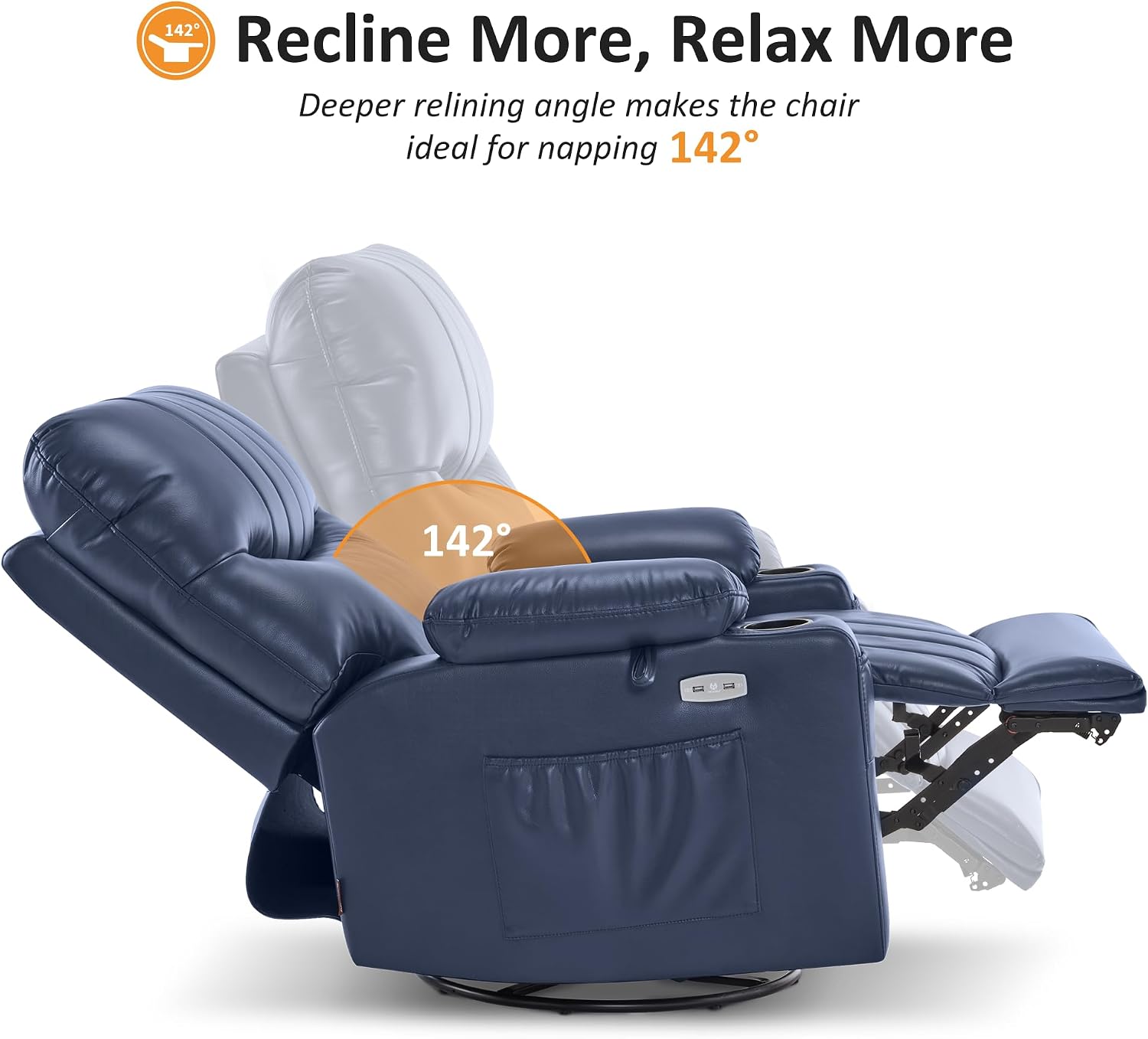 MCombo Oversized Swivel Glider Rocker Power Recliner Chair for Living Room with Heat and Vibration Massage, USB Ports, Cup Holders and Pockets, Faux Leather 7785 (Navy Blue)