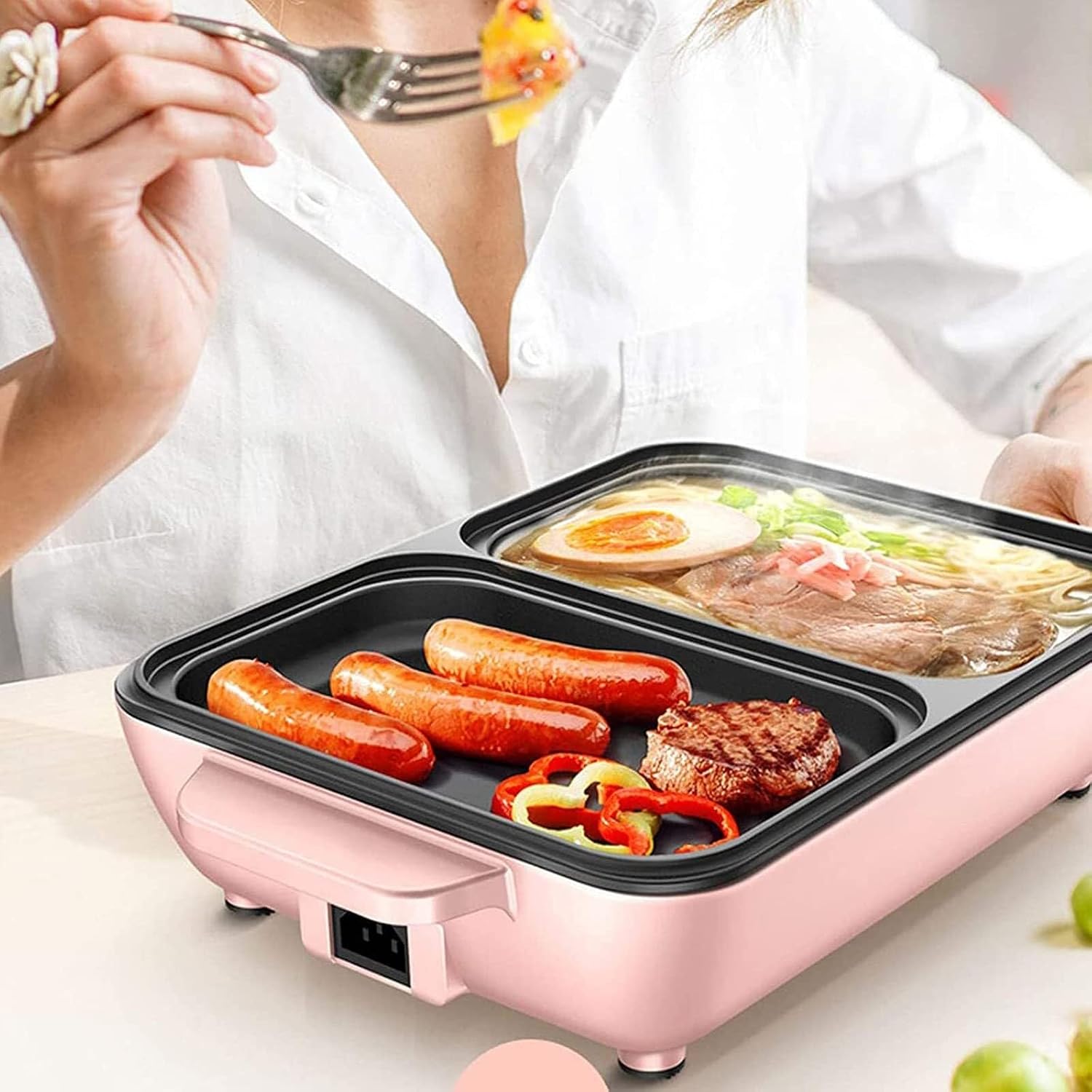 Electric Mini Grill with Hot Pot, 2-in-1 Non-Stick Indoor BBQ & Shabu Cooker, Ideal for Dorm Rooms & Small Kitchens (Black)