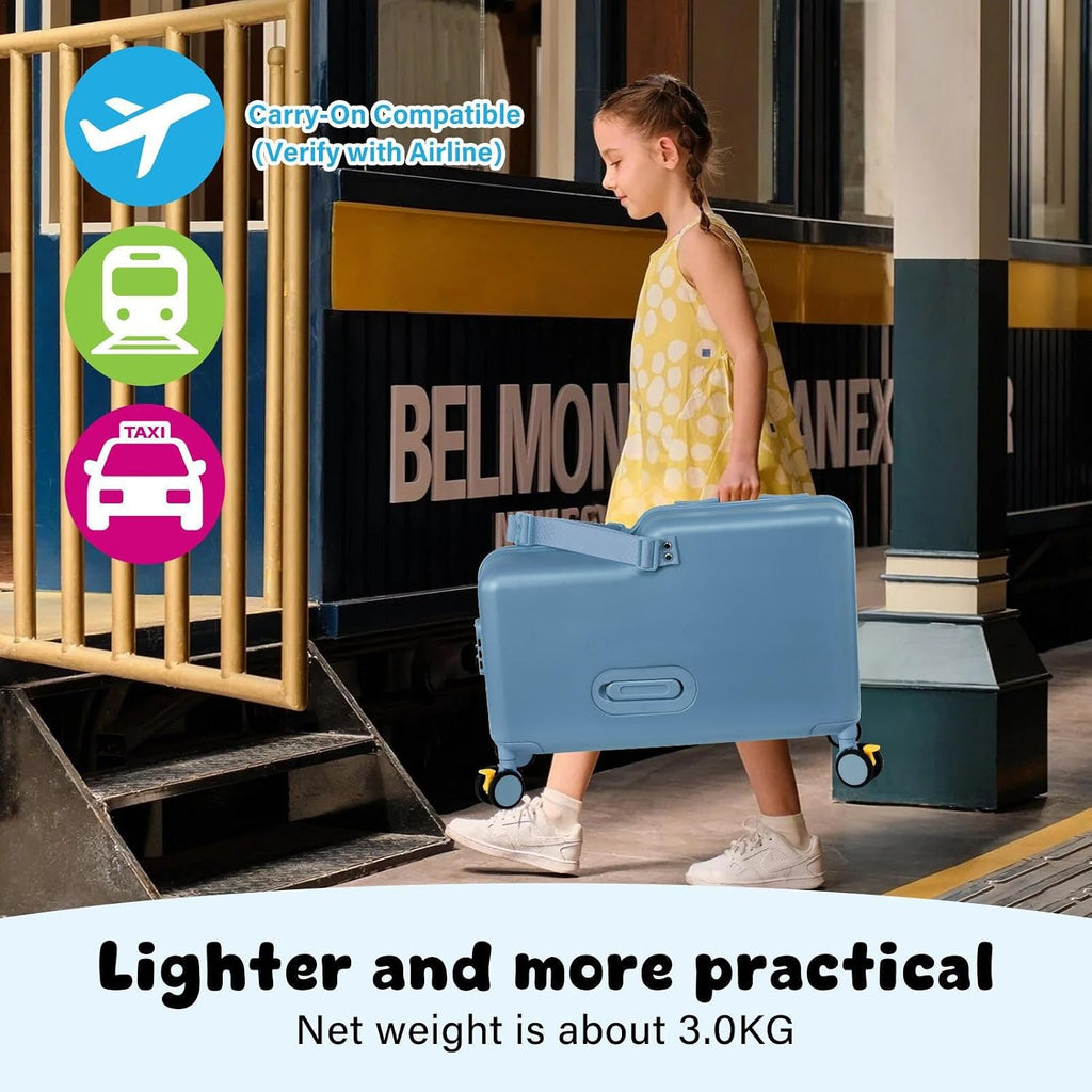 Kids Ride On Suitcase | 20 Inch Kid Carry-On Luggage with Seat, Folding Handlebar & Adjustable Belt | Fun Rideable Travel Case for Boys & Girls, Ideal for Airplane Travel