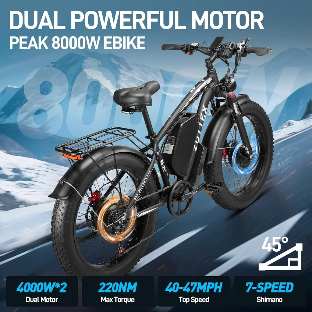 Peak 8000W Dual Motor Ebike, 47MPH Electric Bike for Adults with Hydraulic Disc Brake, 58V 36AH Detachable Battery, Up to 105Miles, 24Inch Fat Tire Electric Bicycle for Snow Off-Road Commuter Mountain