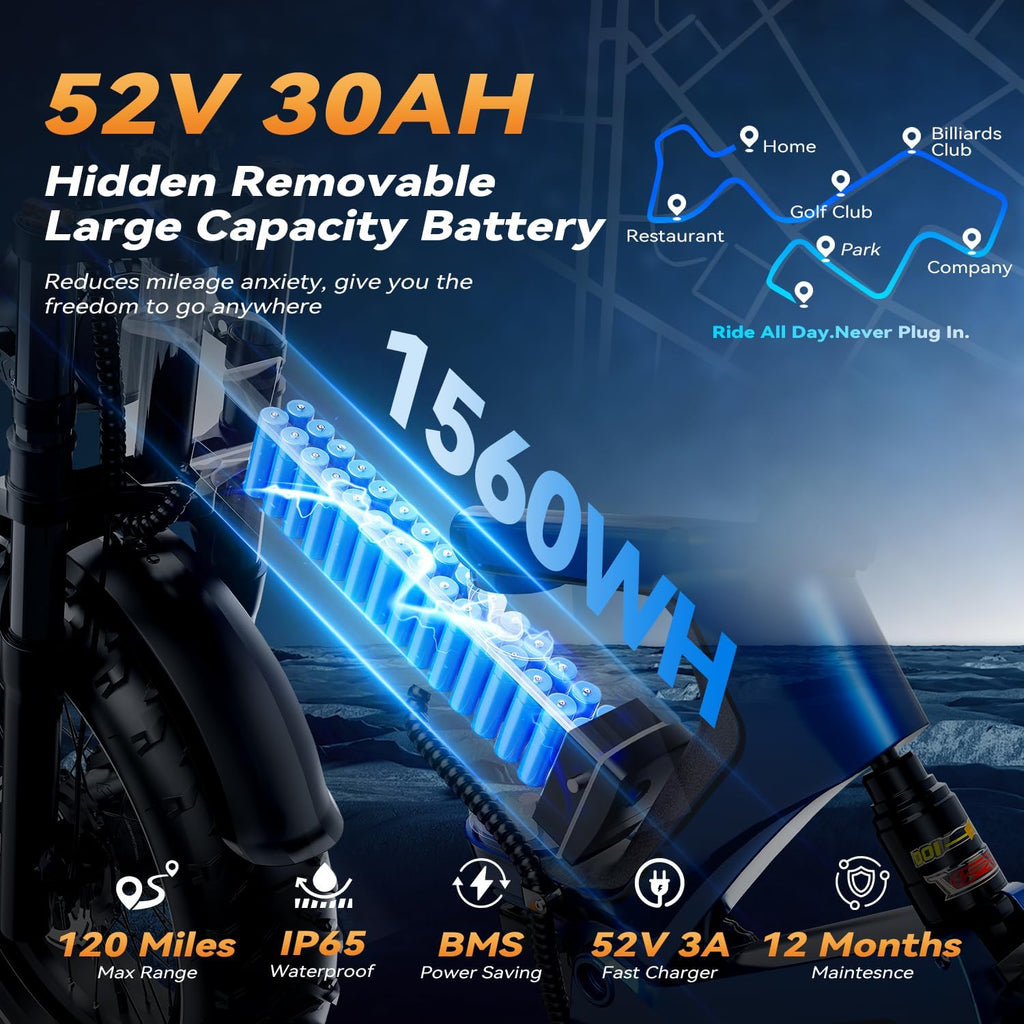 2000W/3000W Peak Motor Electric Bike for Adults, 48V/52V 25AH/30AH Battery Full Suspension Foldable Ebike, 20'x4.0' Fat Tires 35MPH Dirt Bike, 100/120 Miles Hydraulic Brake Magnesium Alloy Motorcycle