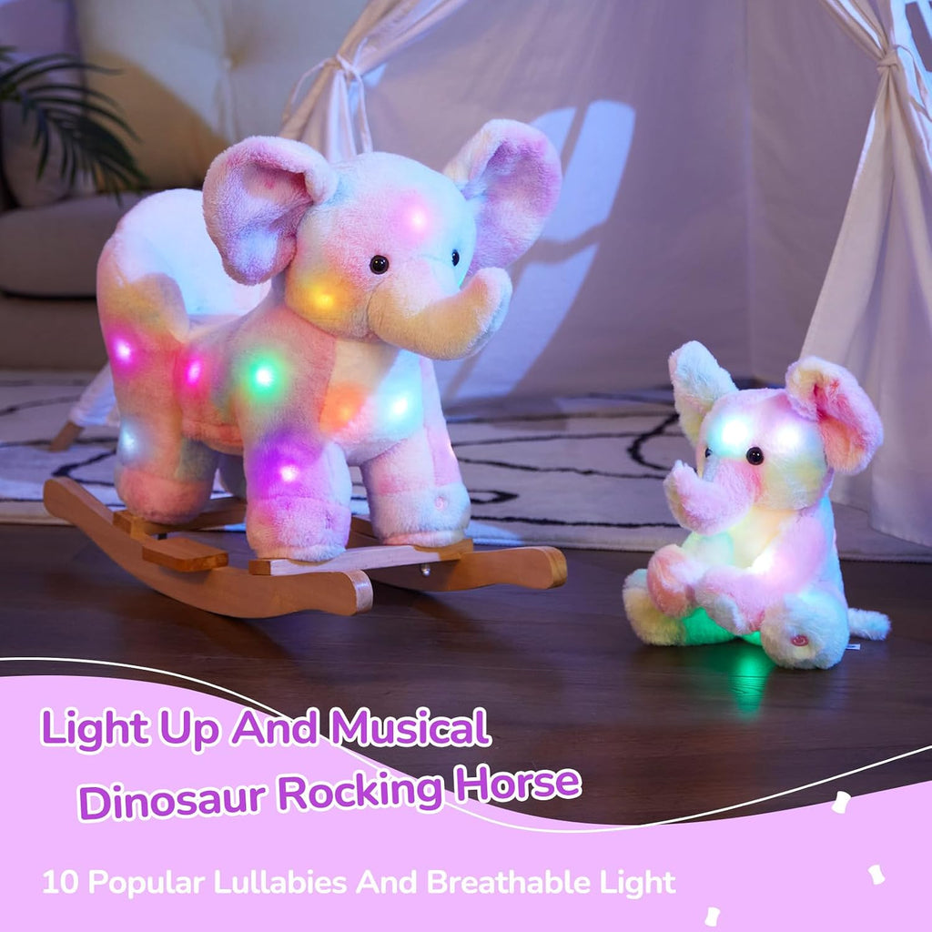 Glow Guards Light up Musical Elephant Baby Rocking Horse, Rainbow Elephant Rocker Set of 2 with Stuffed Animal, Stuffed Plush Ride-on Rocking Animal for Toddlers Baby Girl Ages 1-3