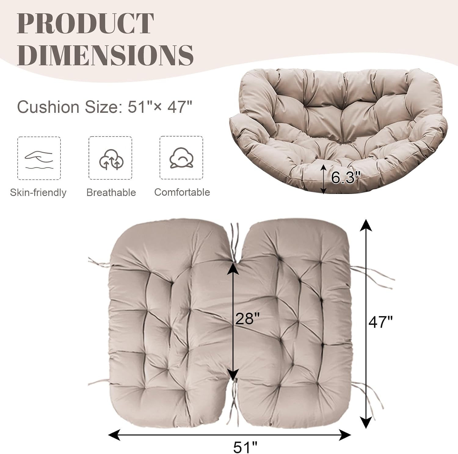 Thickened Waterproof Papasan Rocking Chair Cushion, 6.3'' Patio Egg Chair Pad with Ties, Outdoor/Indoor Rattan Hammock Cushions for Porch, Garden, Balcony(Only Cushion no Chair) (Khaki)