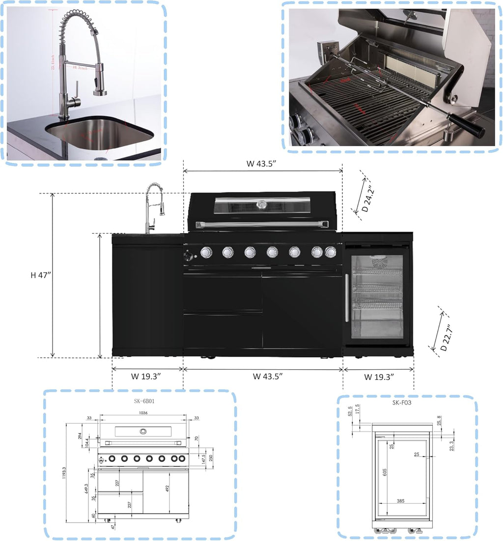 82' Outdoor Kitchen Island with 6 Burner Grill, Sink & Beverage Fridge, 85,000 BTU BBQ Grill Station for Backyard Entertaining, 304 Stainless Steel Patio Cooking Island,Black