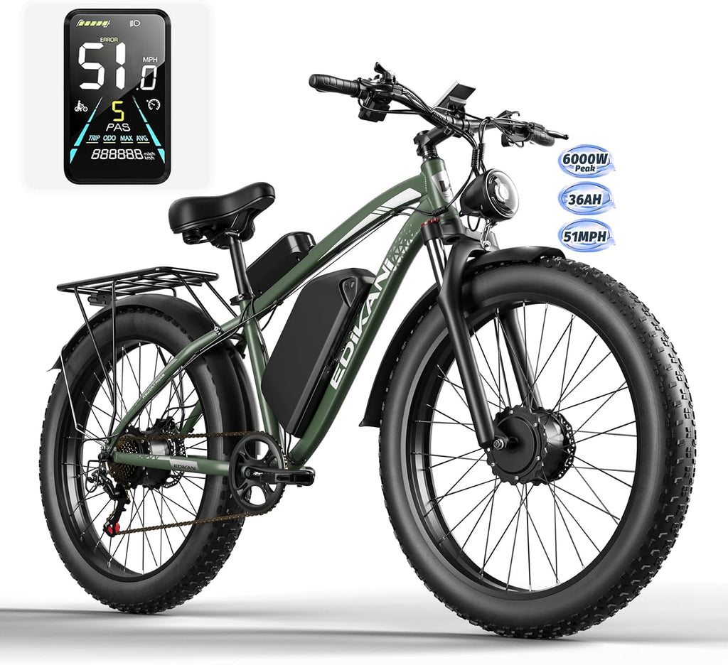 E Bikes for Adults Electric,51 MPH Fast Ebike Peak 6000W 36AH 52V 130 Miles Max, Dual Motor Electric Bike Fat Tire E Bike for Men, 26' Electric Bicycle for Snow Off-Road, Hydraulic Brakes, 7 Speed