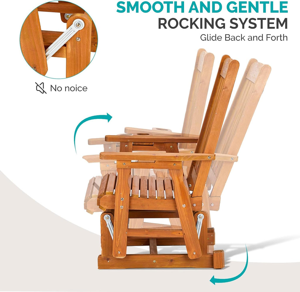 Bonnlo Outdoor Glider Chair Wood Patio Glider with Cup Holder, Porch Glider with Smooth Rocking Mechanism, Heavy Duty 600 LBS