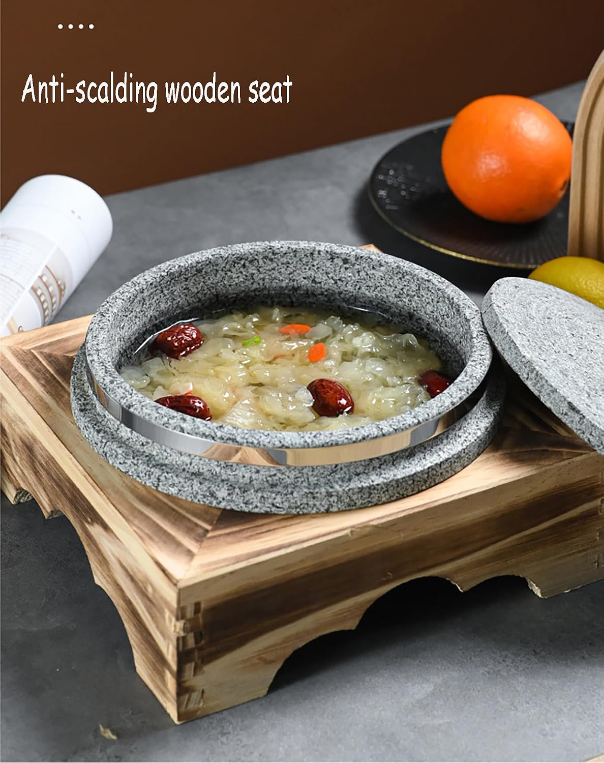Dolsot Bibimbap Bowl,Korean Granite Stone Bowl with Lid Thicken Stone Bowl, for Bibimbap Soups Hot Pot for Korean Restaurants, Soup, Rice, Stew,20CM