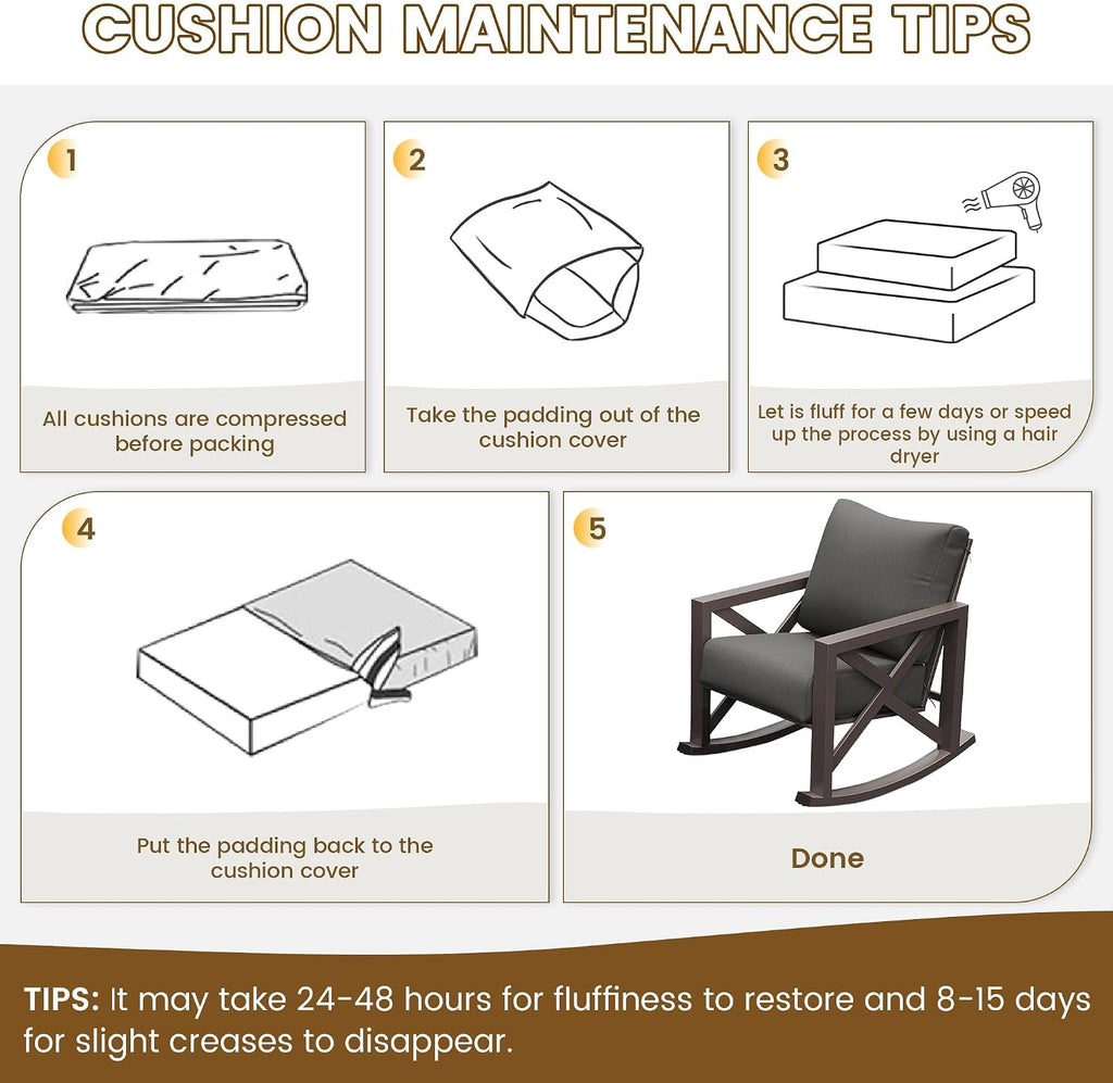 UDPATIO Outdoor Rocking Chair Set of 2 with Coffee Table, 3 Piece Metal Patio Furniture Set with 6.5' Water-Resistant Cushions, Oversized, 350lbs Heavy-Duty, for Porch, Patio, Balcony, Dark Grey