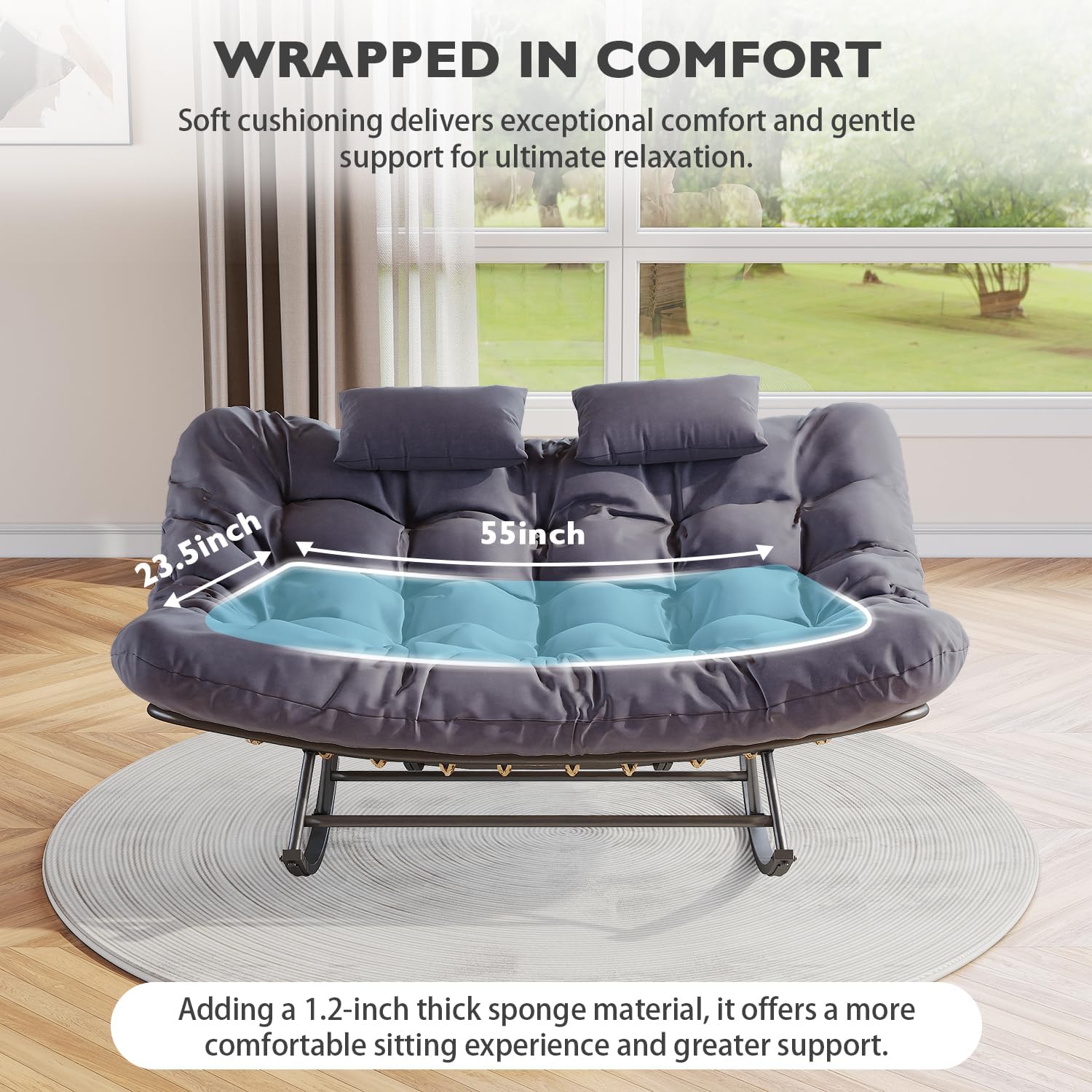 Oversized Outdoor Rocking Papasan Chair,Double Patio Rocking Chair for 2-Person,Loveseat Rocker with Thick Cushion&Rattan Frame,Large Lounge Chair for Outdoor Balcony Garden (Gray)