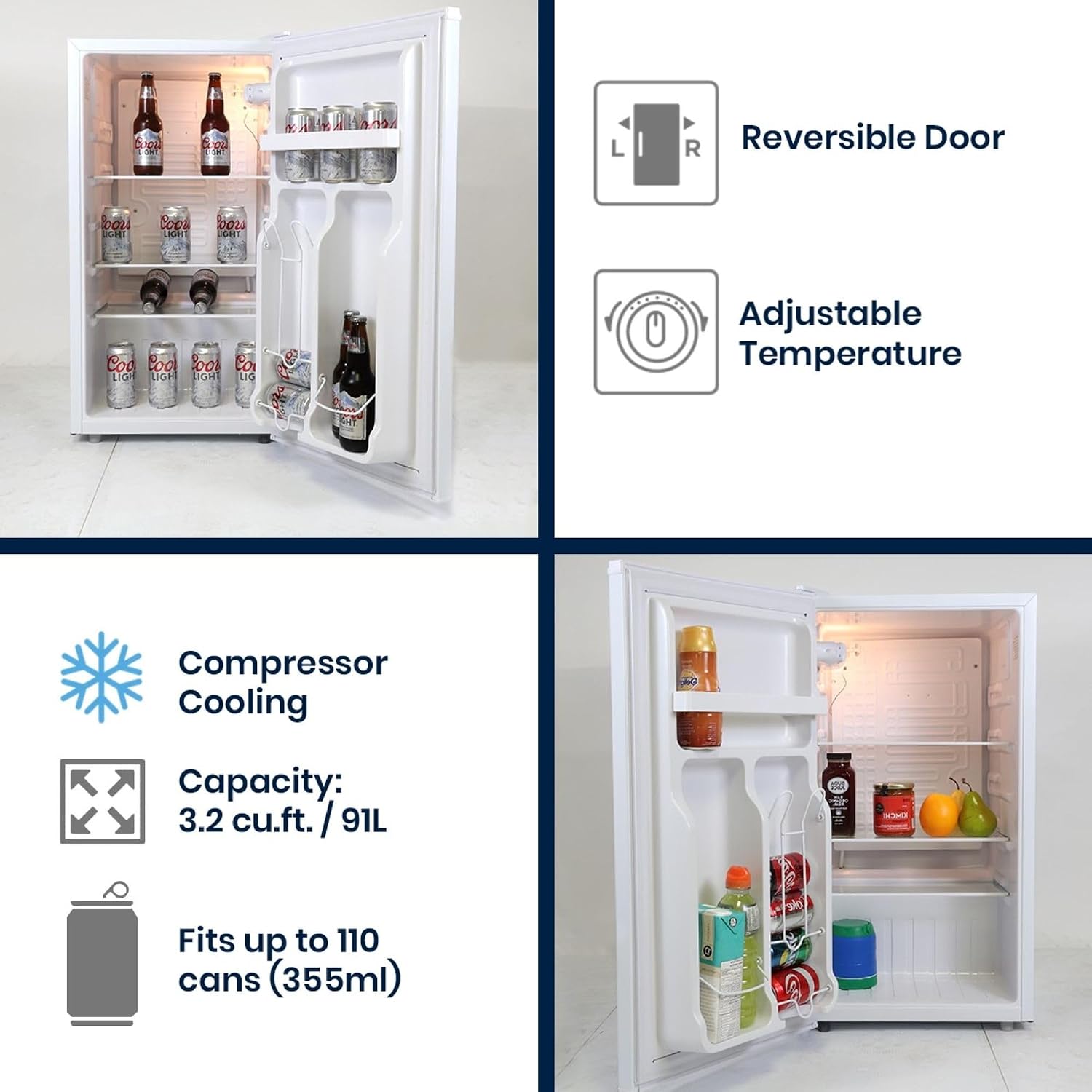 Coors Light Refrigerator - 3.2 Cubic Feet Capacity, White, Mini Fridge For Kitchen, Bedroom, Office, Dorms, Cuarto, Cool Storage For Wine, Beverages, Compact Free Standing, Neveras Pequeñpara