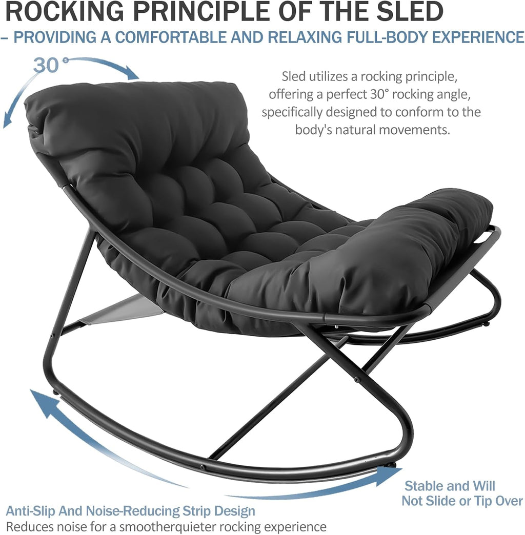 Oversized Papasan Rocker, Comfy Patio Rocking Chair, Outdoor Rocker Chair, Indoor Rocking Egg Chair with Cushion & Ottoman for Bedroom, Living Room, Front Porch (Grey)