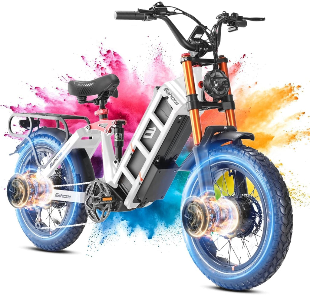 eAhora Juliet Pro 2 EBike - Dual Motor 5400W/1200W 30-43MPH 60V 70Ah 200Mile Long Range Electric Bike for Adults, 20'' Fat Tire Fast Electric Mountain Bike Full Suspension Electric Bicycle