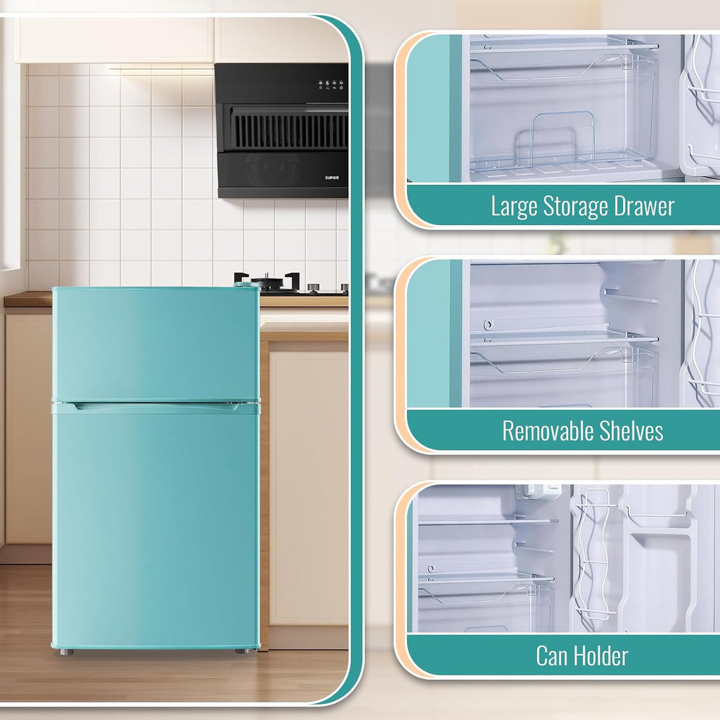 WANAI 3.5 Cu.Ft Mini Fridge with Freezer, Freestanding Refrigerator for Office, Dorm, Apartment, 7-Level Adjustable Thermostat, 2 Removable Shelves and Bakset, Small Fridge in Blue