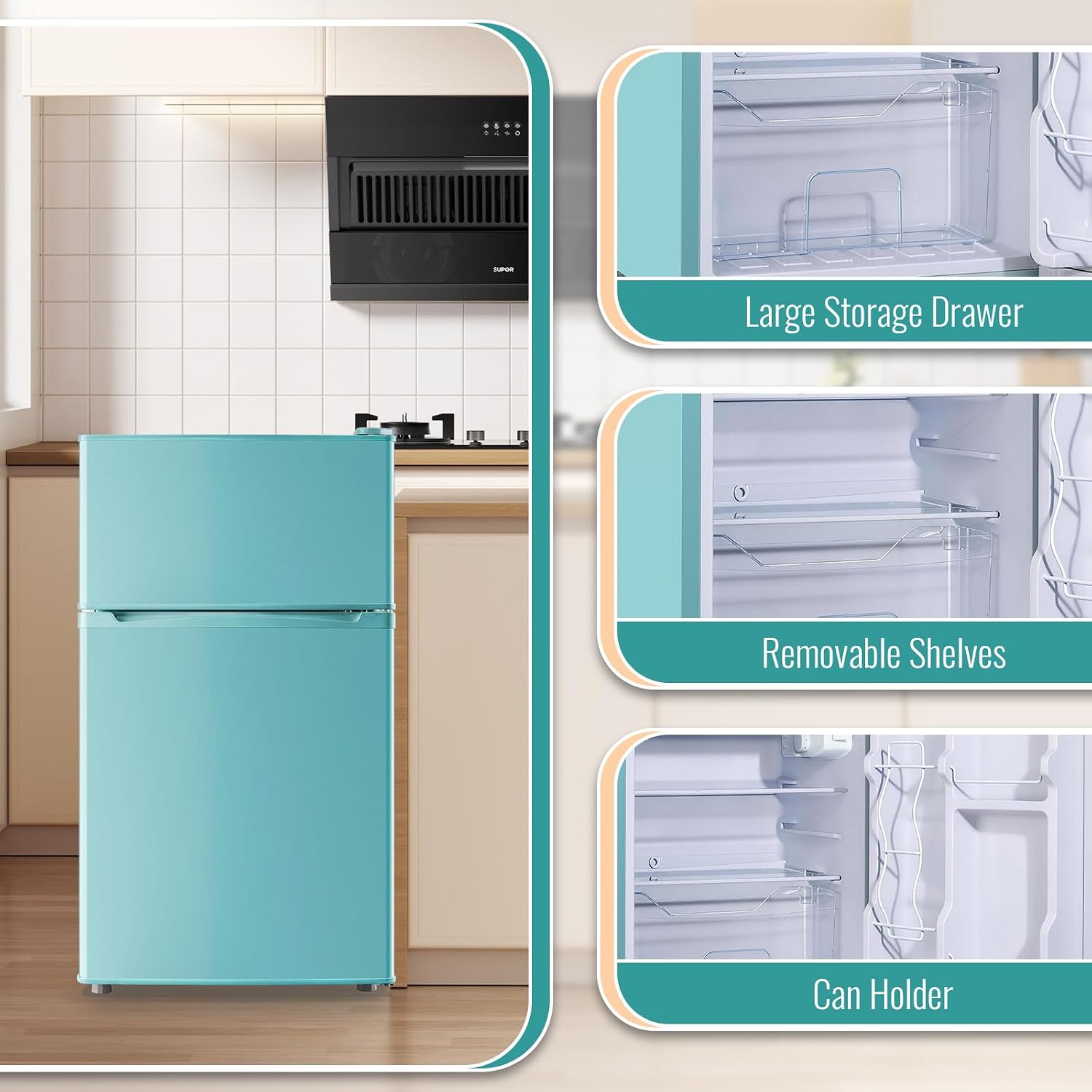 WANAI 3.5 Cu.Ft Mini Fridge with Freezer, Freestanding Refrigerator for Office, Dorm, Apartment, 7-Level Adjustable Thermostat, 2 Removable Shelves and Bakset, Small Fridge in Blue