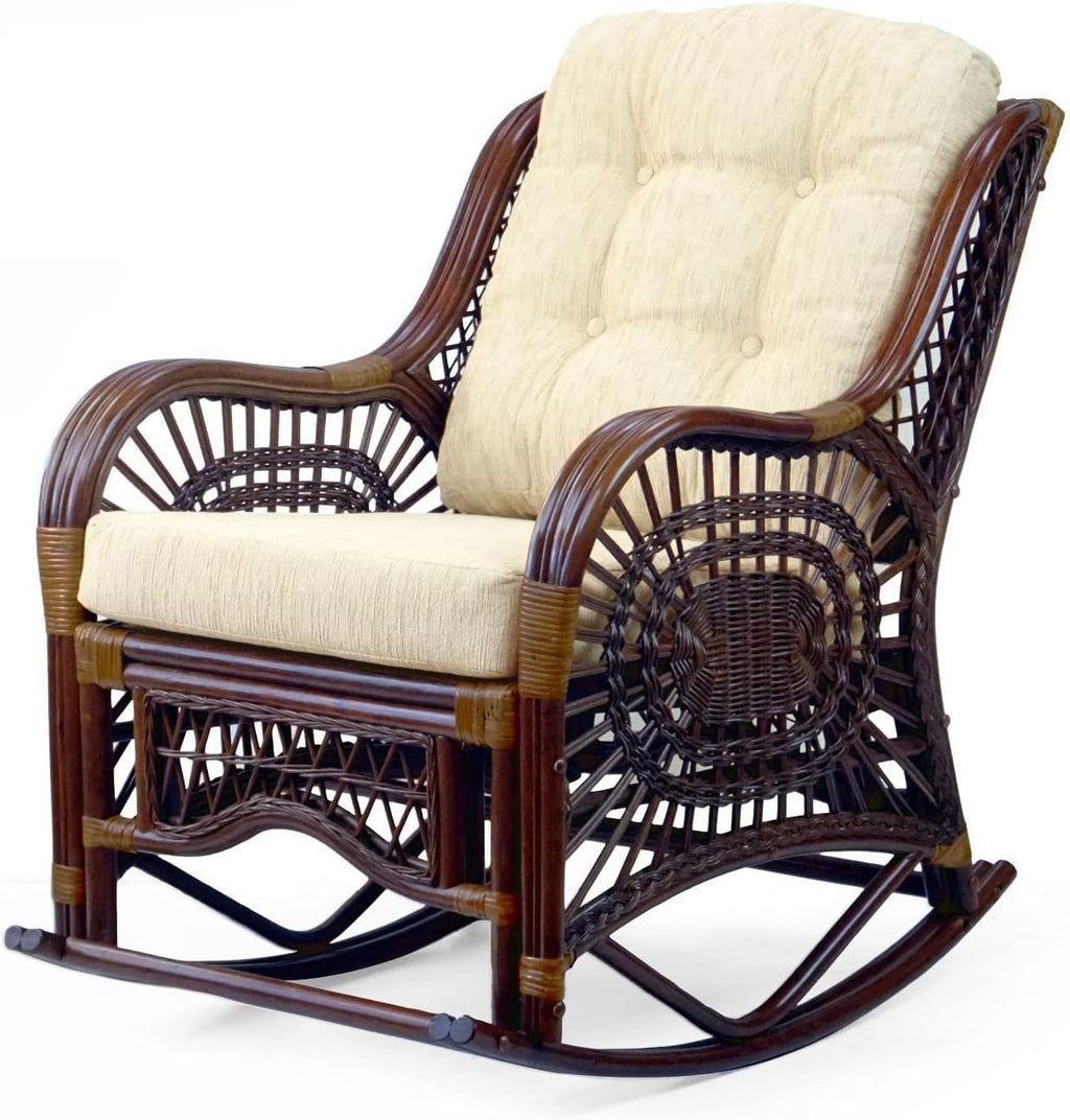 Malibu Lounge Rocking Chair Handmade ECO Natural Wicker Rattan Dark Brown Color with Cream Cushion, Indoor ONLY